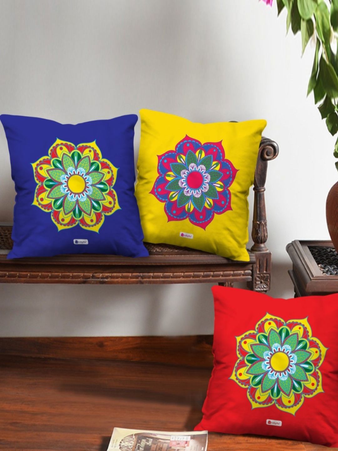 Indigifts Set Of 3 Blue & Yellow Printed Square Cushion Covers-picture-28