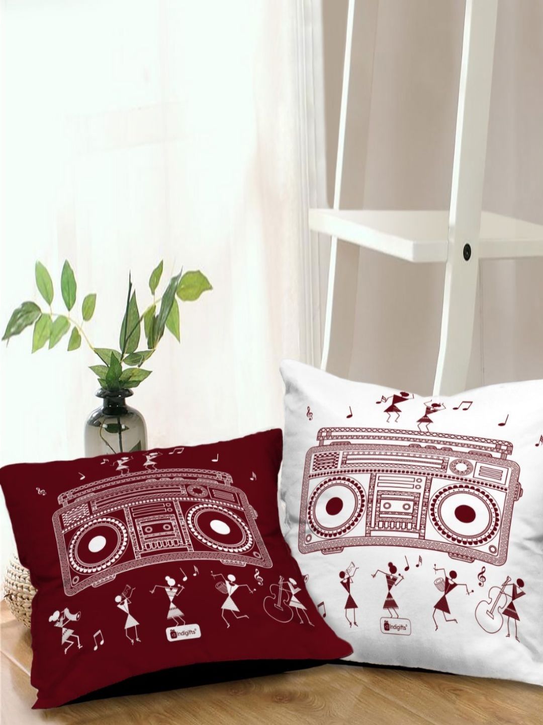 Indigifts 2-Pcs Maroon &vWhite Printed Square Cushion Covers-picture-18