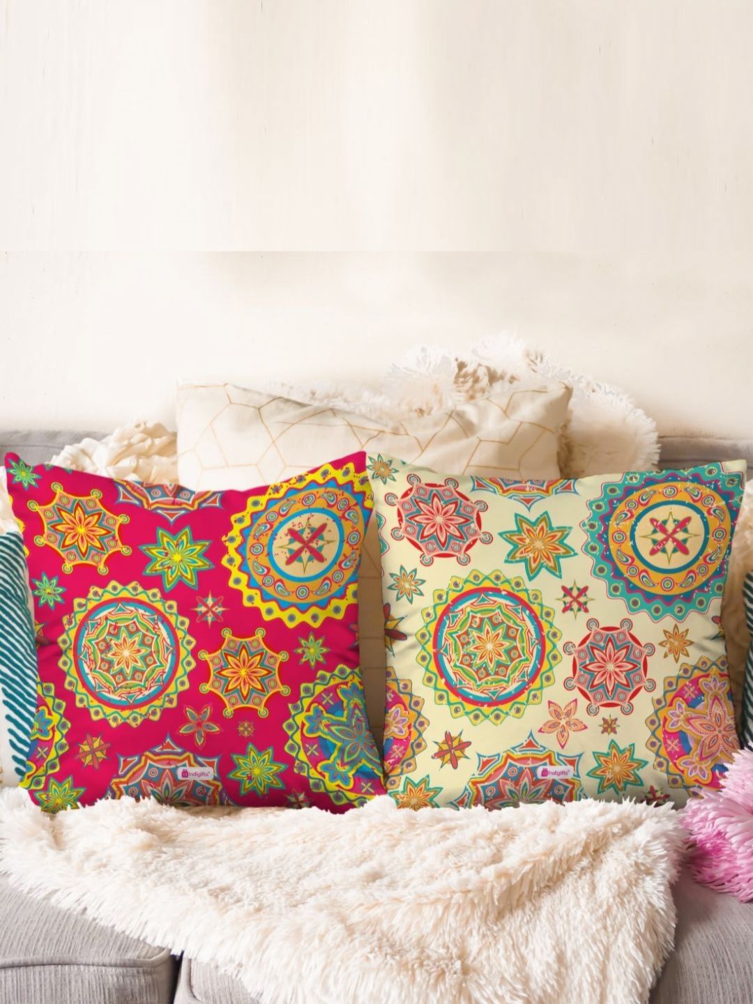 Indigifts 2-Pcs Red & Beige Printed Square Cushion Covers-picture-22