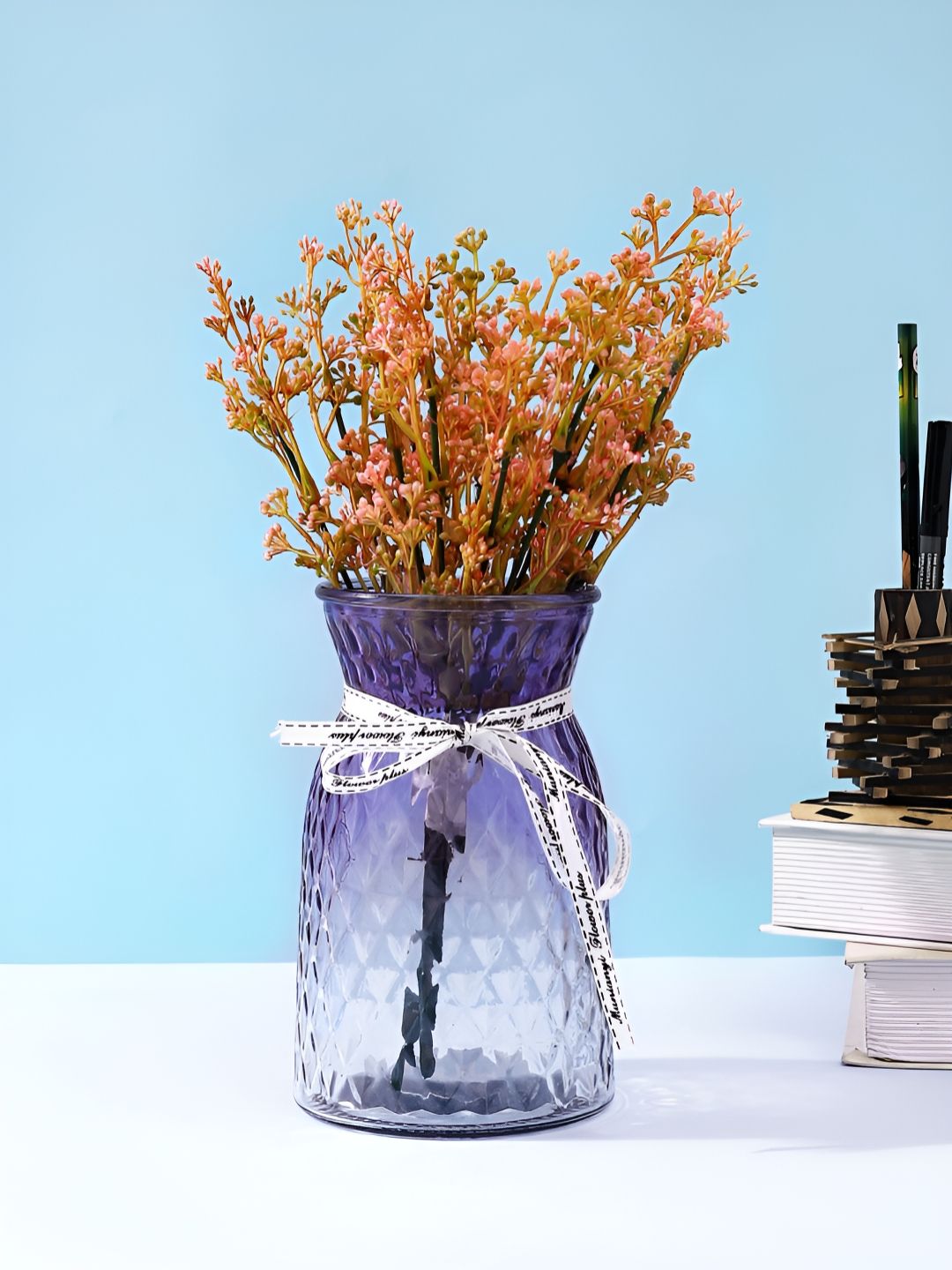 TAYHAA Lavender & Transparent Glass Patterned Flower Vase-image-1