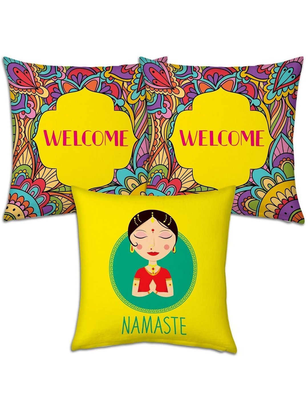 Indigifts 3-Pcs Yellow & Red Printed Square Cushion Covers-picture-21