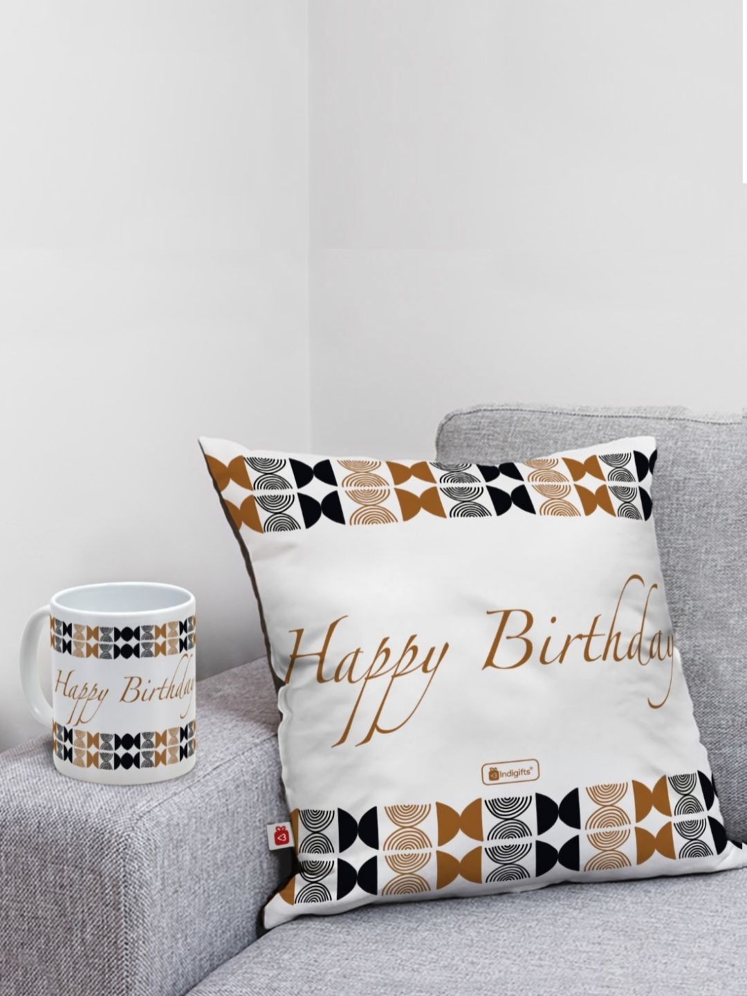 Indigifts 2-Pcs White & Brown Birthday Quote Printed Cushion Cover & Mug Gift Set-picture-35