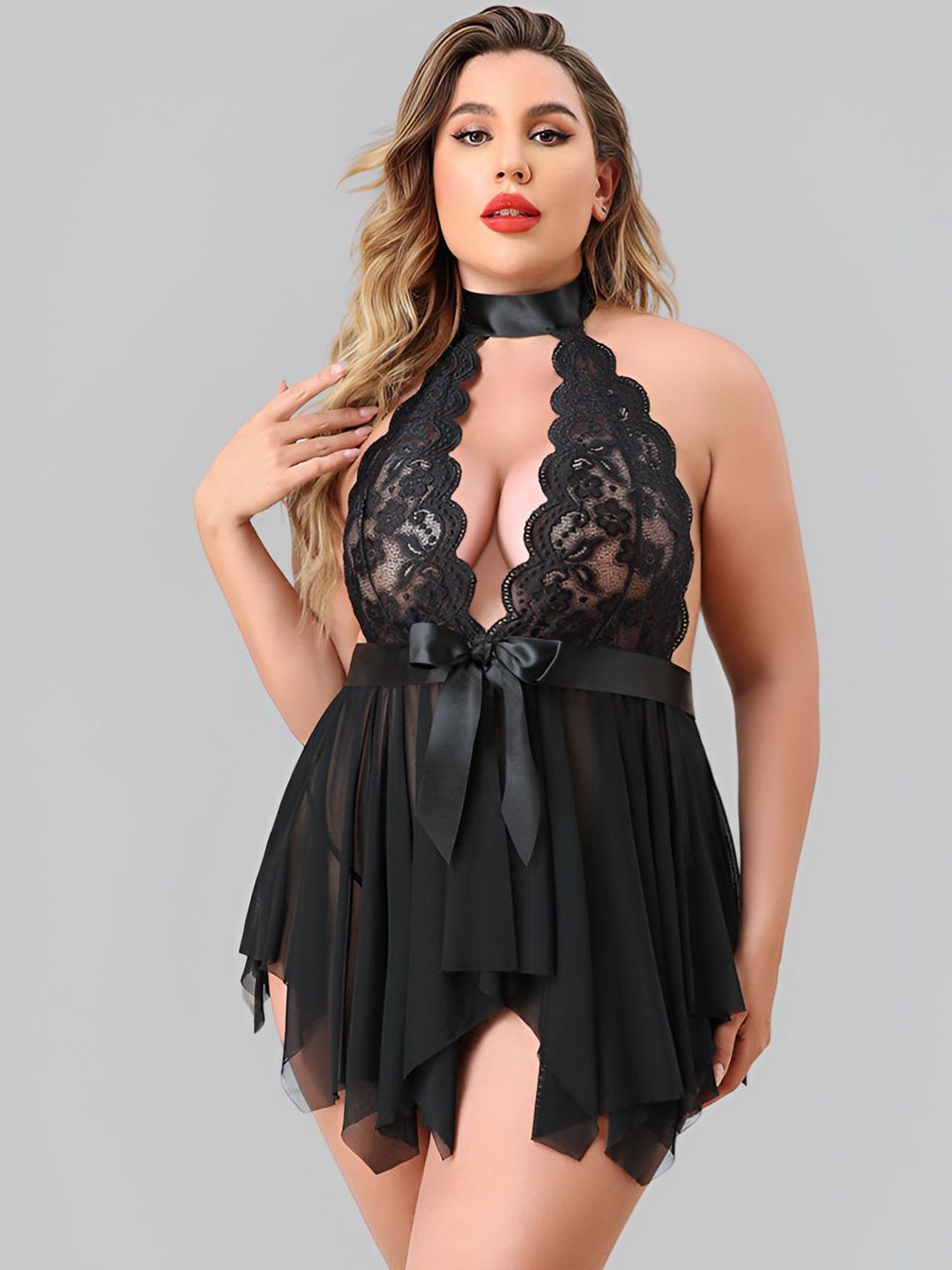 Broiden Women Net Halter Neck Baby Doll with Asymmetric