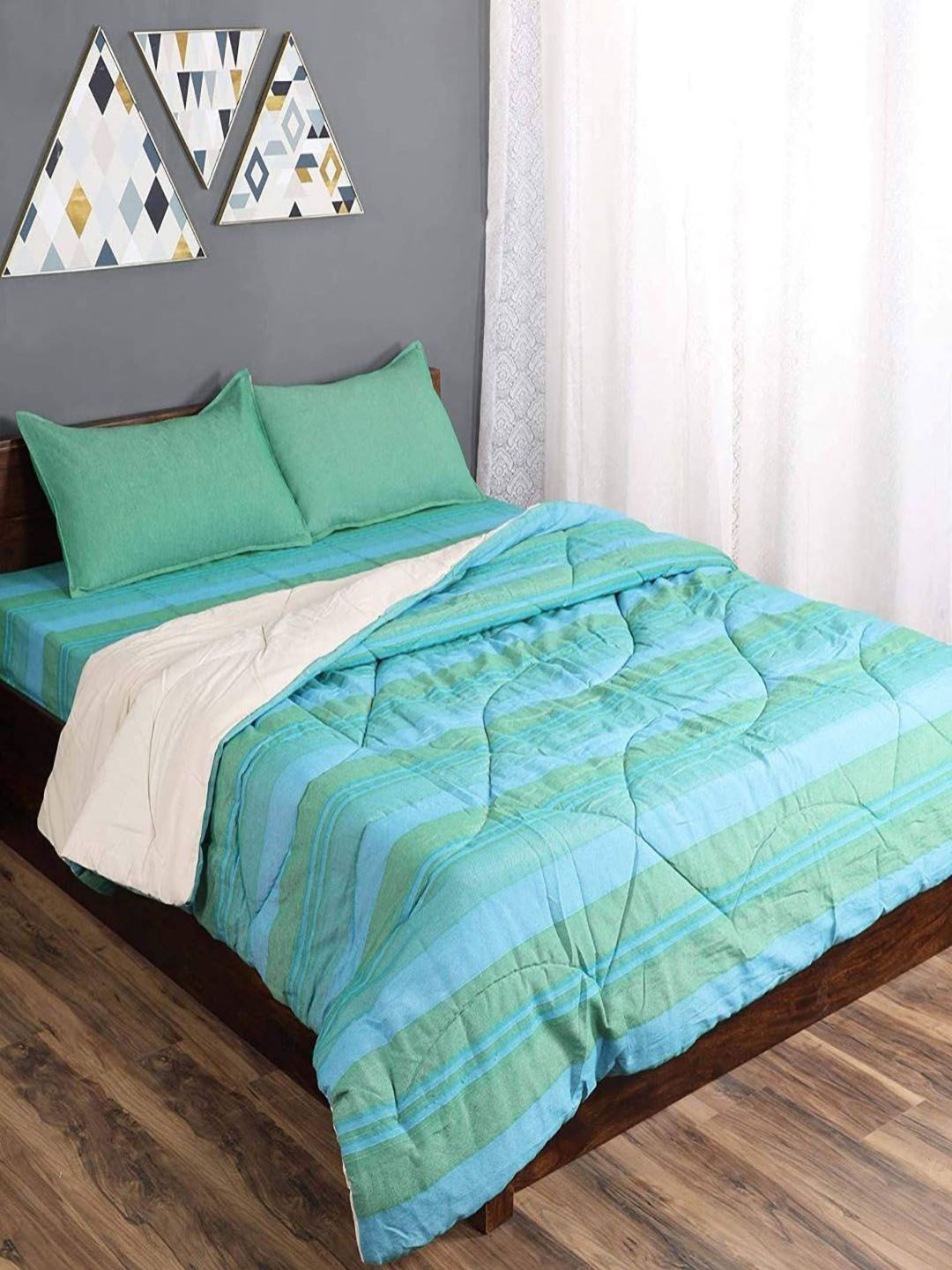 Saral Home Green & Blue Cotton Bedsheet Set with 2 Pillow Covers & Quilt 1 m x 90 cm-picture-31