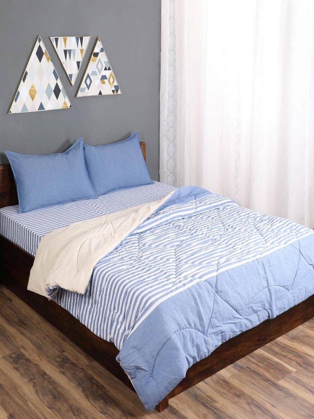Saral Home Blue & Off White 4 Pieces Striped Cotton Bedsheet Set-image-44