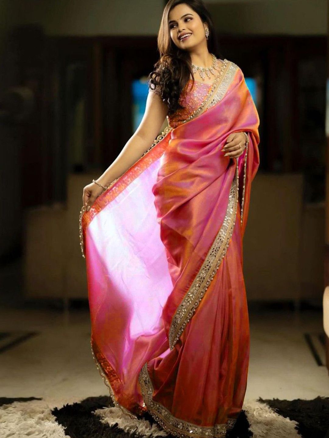 Anouk Solid Embellished Mirror Work Tissue Celebrity Saree-picture-36