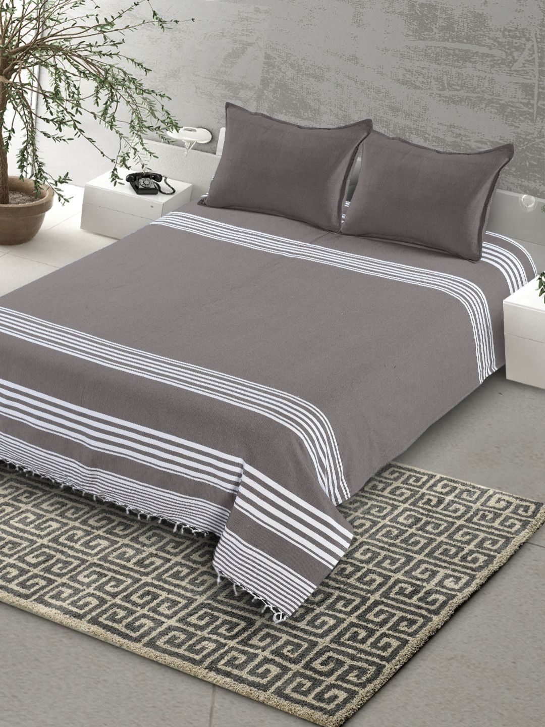 Saral Home Grey & White Striped 160 TC Cotton Queen Bedsheet With 2 Pillow Covers-image-19