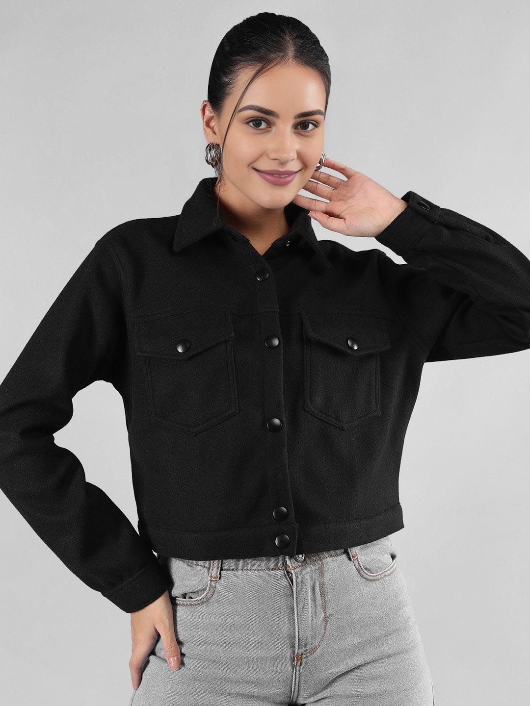 The Roadster Lifestyle Co. Black Spread Collar Woollen Crop Tailored Jacket-picture-53