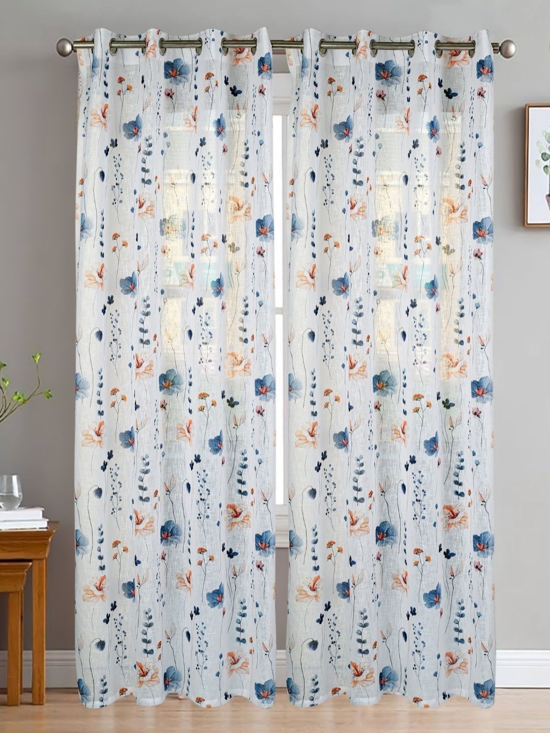 HOMADORN Multicoloured & White Set of 2 Floral Sheer Door Curtain-picture-38