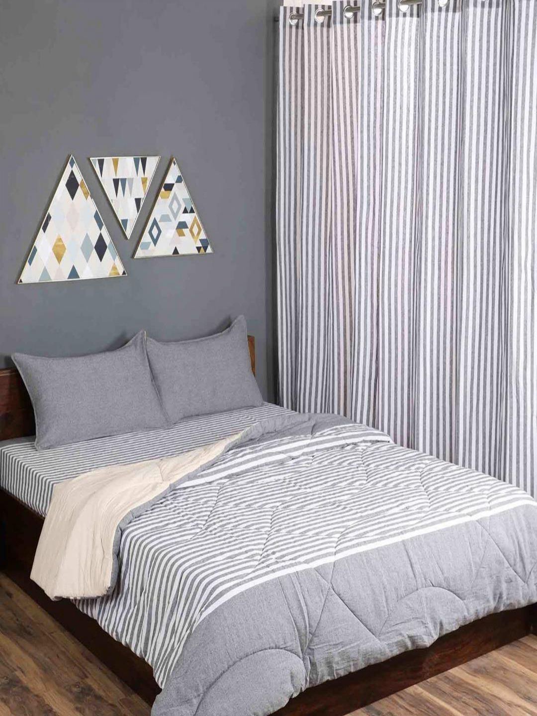 Saral Home Grey 6 Pieces Striped Cotton Bedsheet Set-image-13