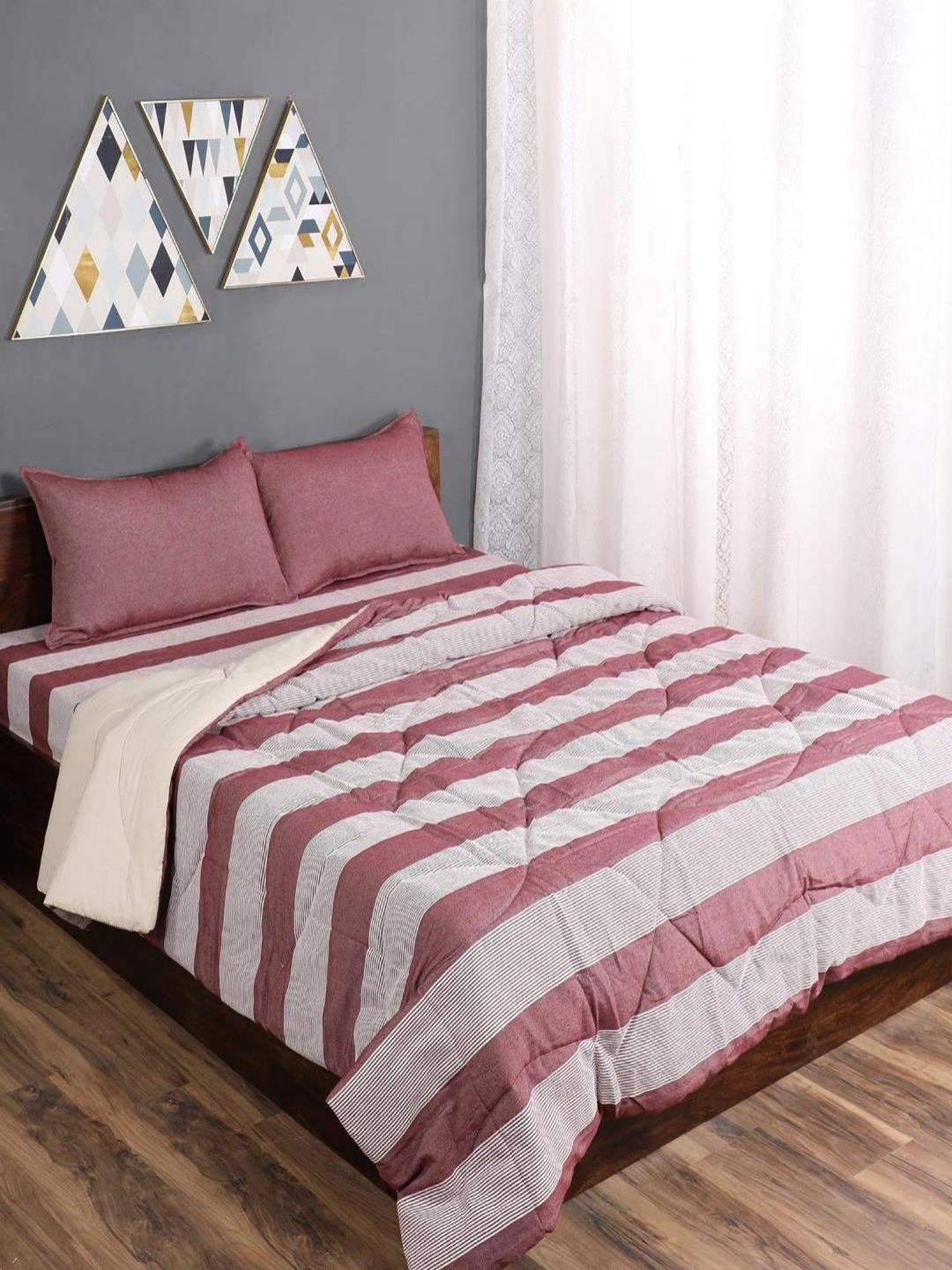 Saral Home Maroon & Grey 4 Pieces Striped Cotton Queen Bedding Set-image-47