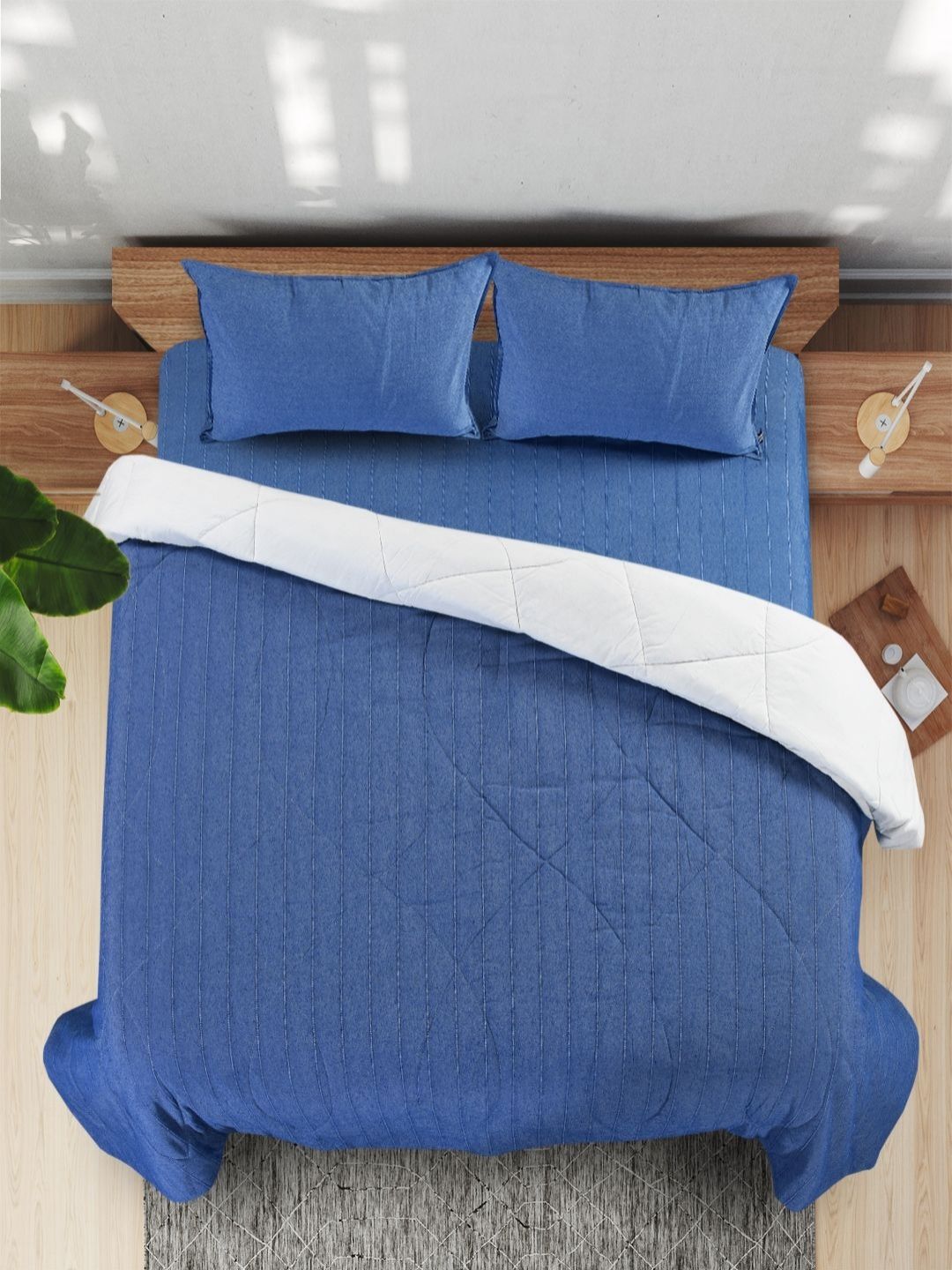 Saral Home Blue & White White 4 Pieces Cotton Queen Bedsheet Set-image-28