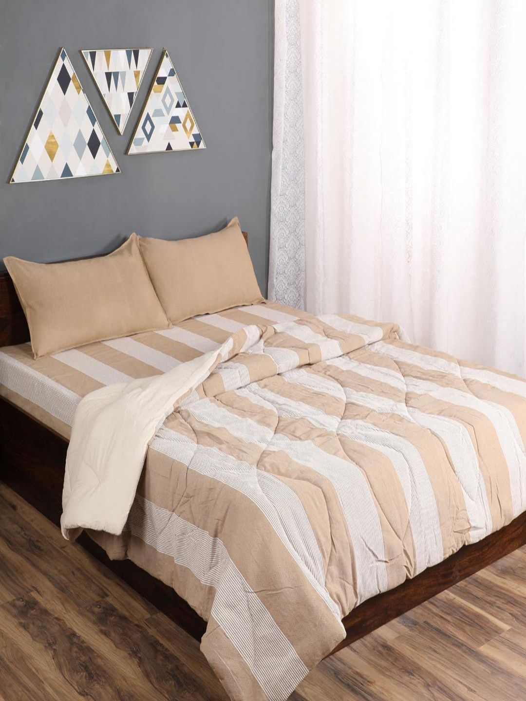 Saral Home Beige & White 4 Pieces Striped Cotton Bedsheet Set-image-22