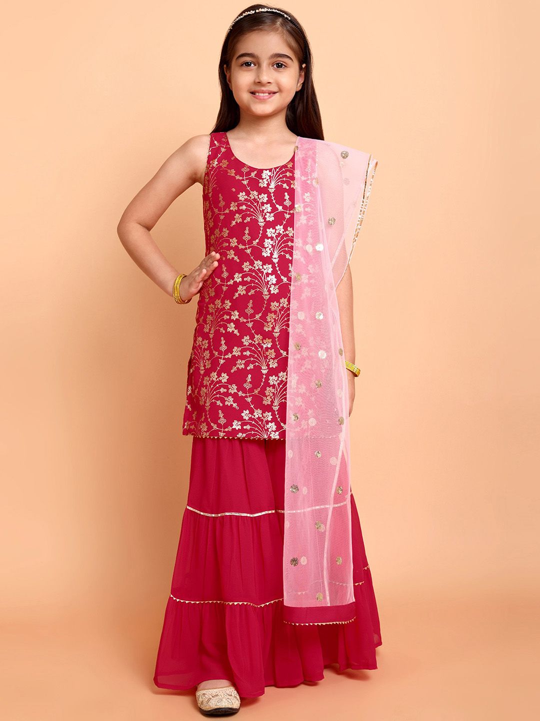 Sangria Girls Printed Kurti With Sharara & Embroidered Dupatta