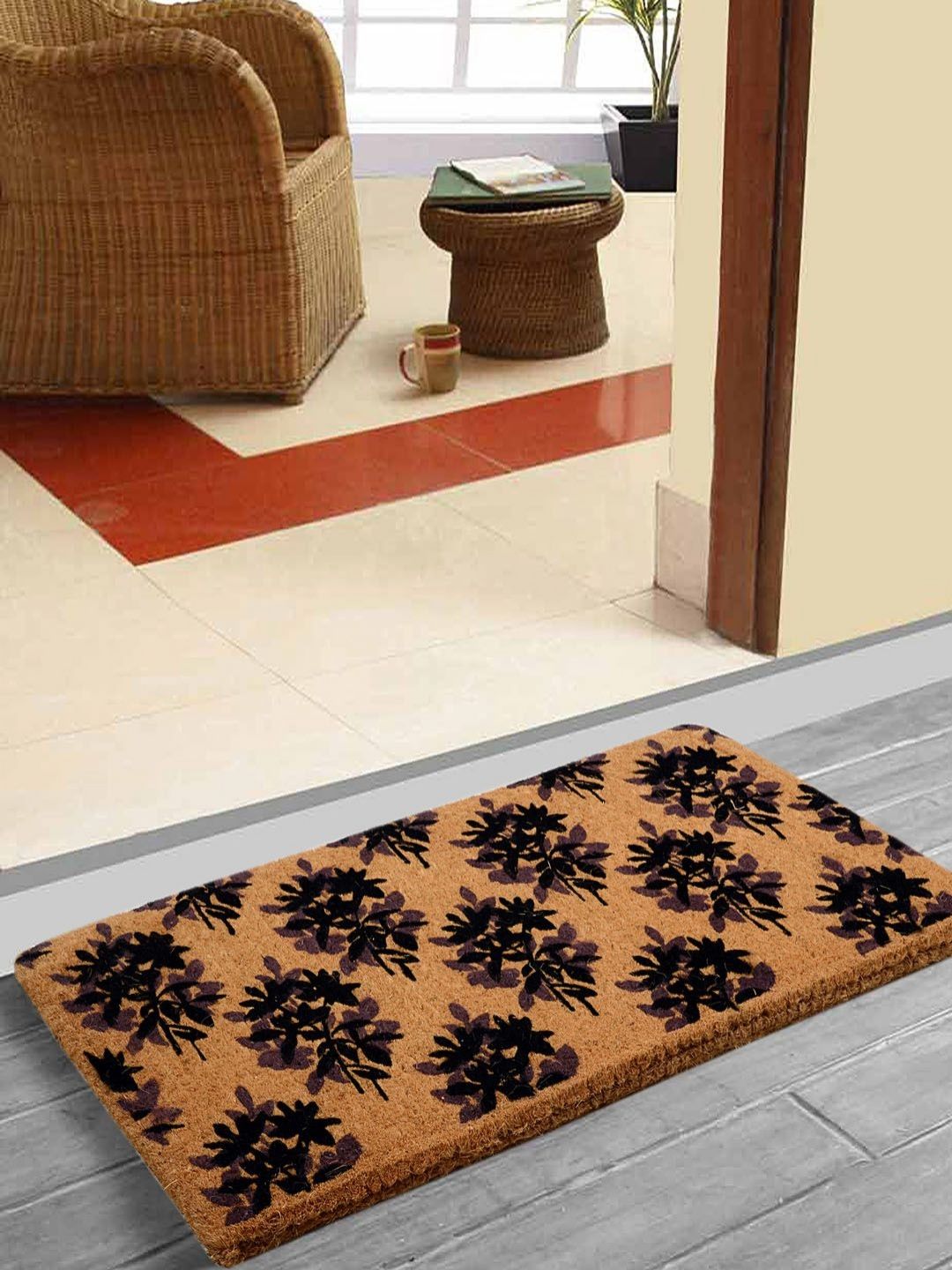 Saral Home Black & Mustard Floral Printed Coir Doormat-picture-15