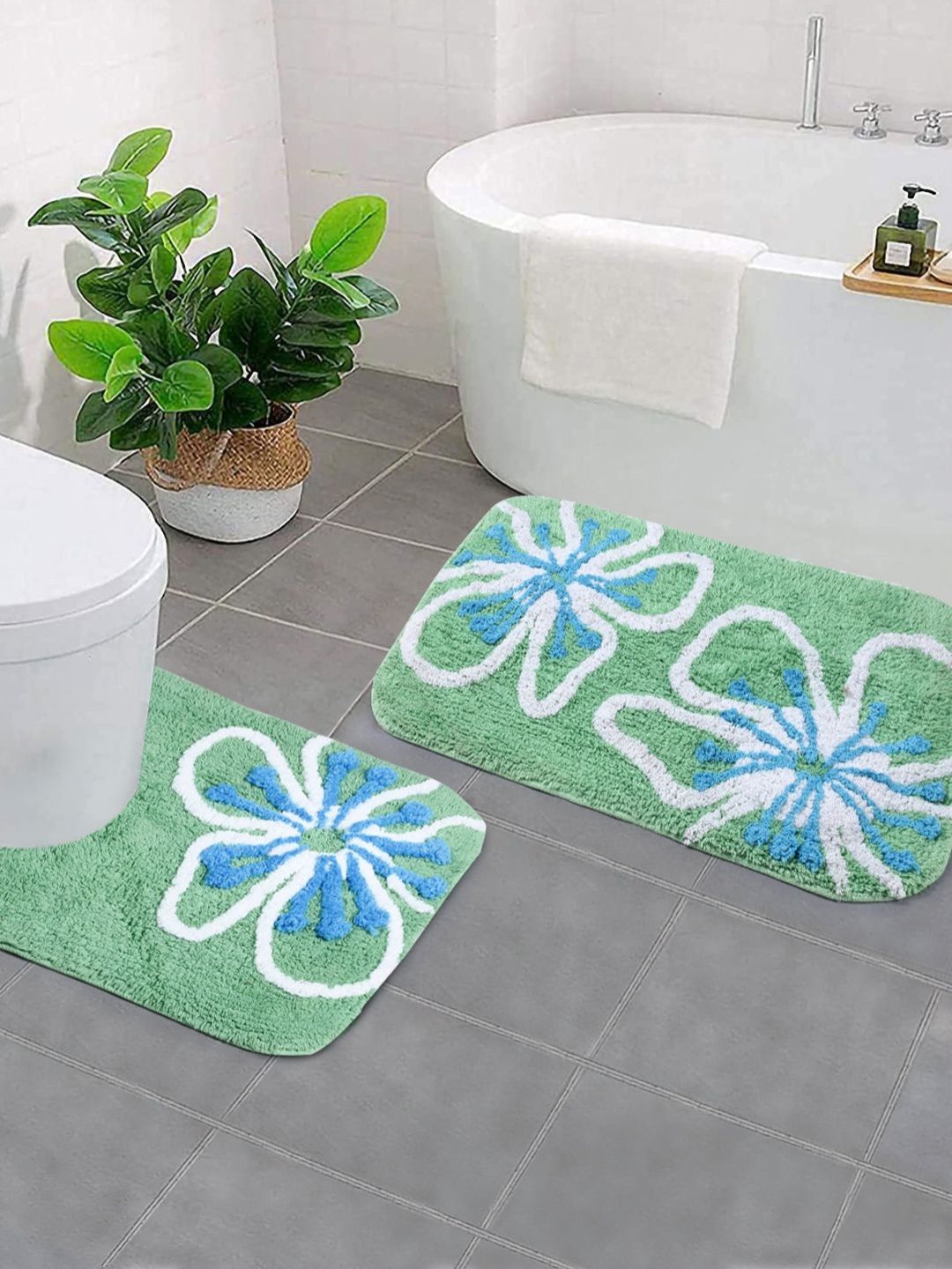 Saral Home 2Pcs Green & White Anti Skid Bath Mats-picture-34