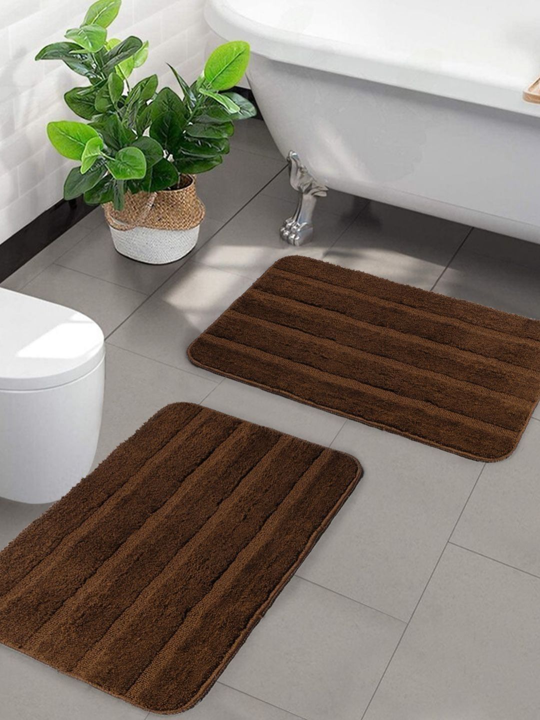 Saral Home 2-Pcs Brown Striped Rectangular Bath Rugs-picture-35