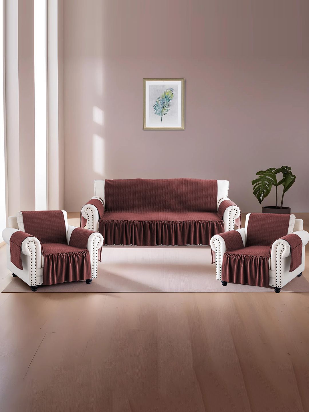 Kuber Industries Maroon Velvet 3 Piece Sofa Cover With Arms-image-44