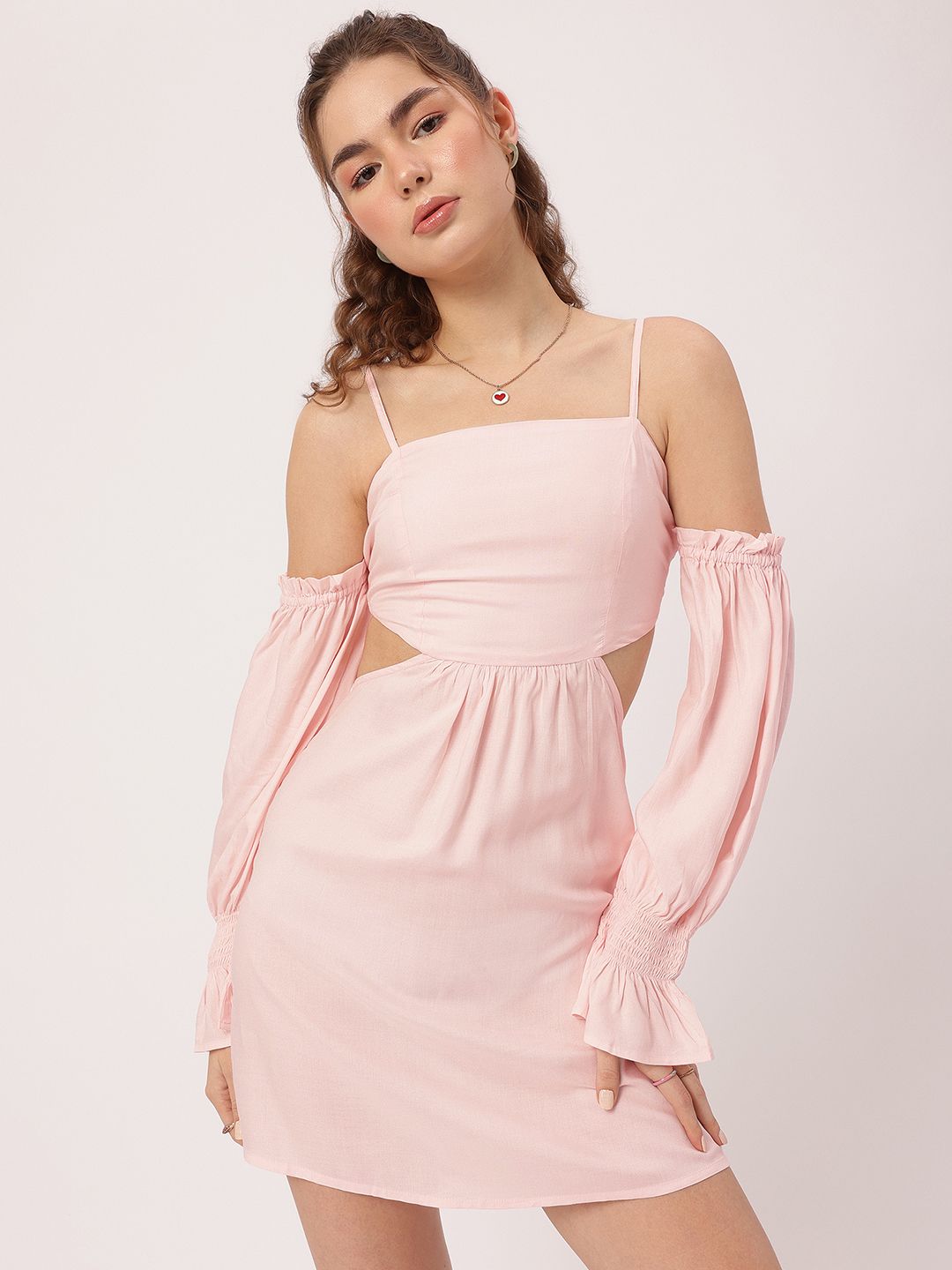 DressBerry Cold-Shoulder Sleeves Cut-Out Smocked Mini Dress