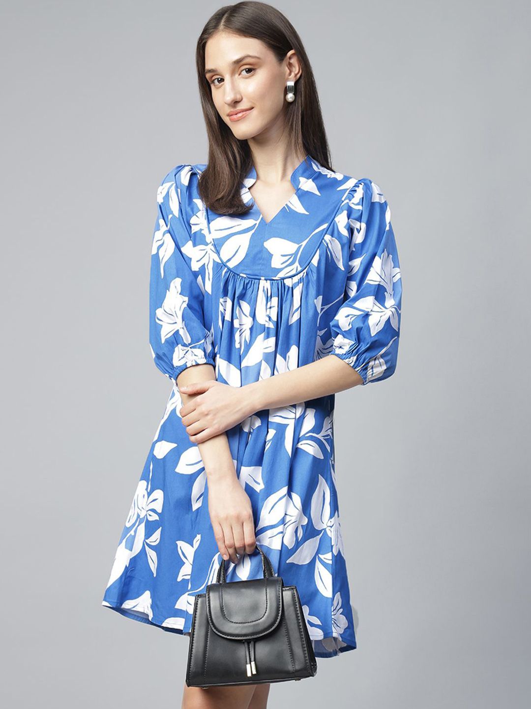 Hancock Women Floral Printed Mandarin Collar A-Line Pure Cotton Mini Dress