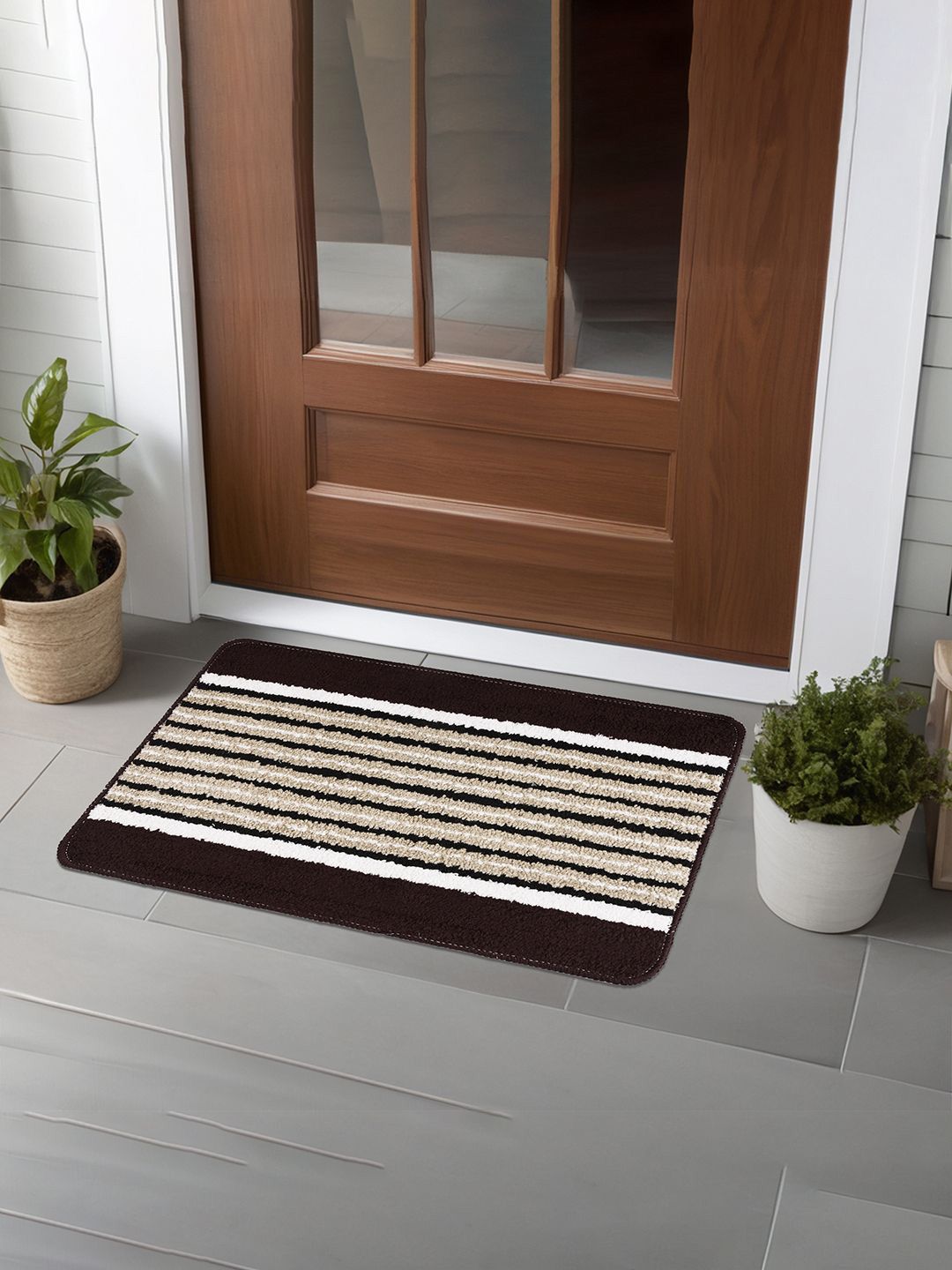 Kuber Industries Brown & Black 3 Pieces Striped Anti-Skid Micrfiber Door Mats-image-32