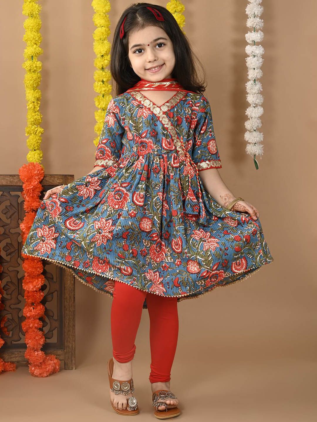 Here&Now X Kinder Kids Girls Floral Printed Angrakha Sequinned Pure Cotton Kurti With Dupatta-picture-22