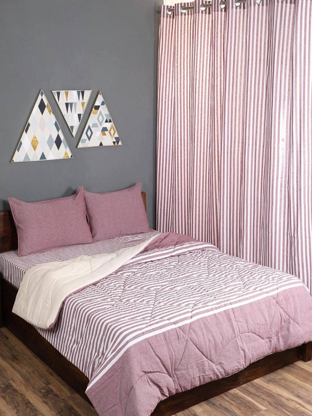 Saral Home Maroon 6 Pieces Striped Cotton Bedding Set-image-44