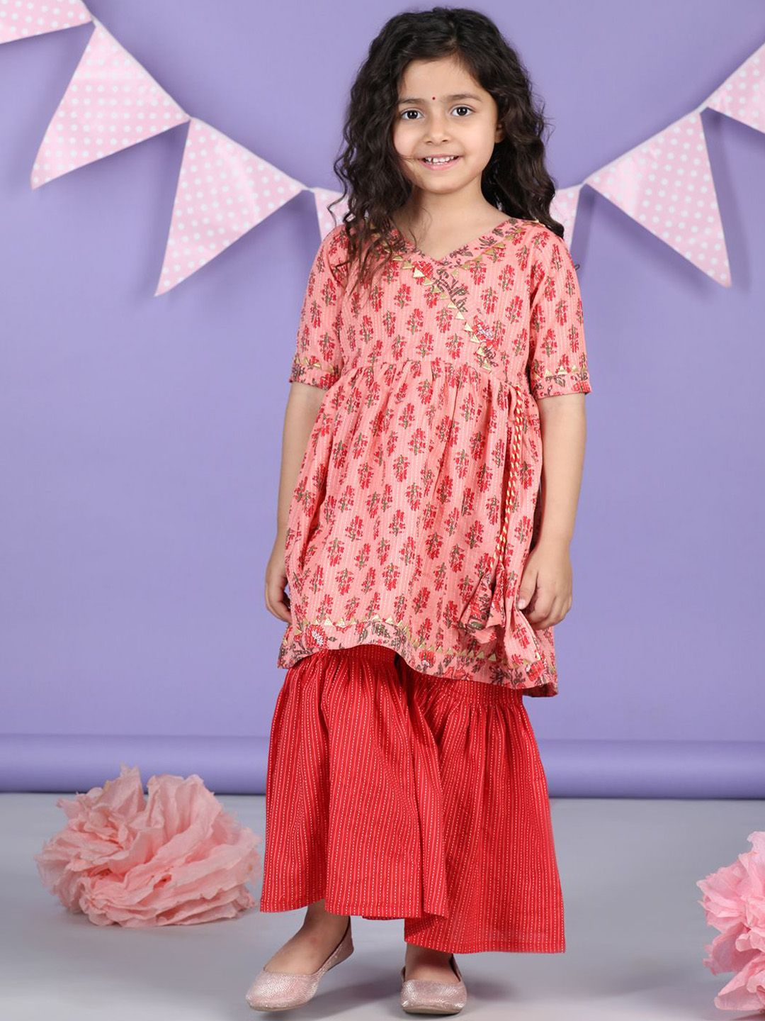 Here&Now X Kinder Kids Girls Ethnic Motifs Printed Angrakha Gotta Patti Pure Cotton Kurta with Sharara-picture-12
