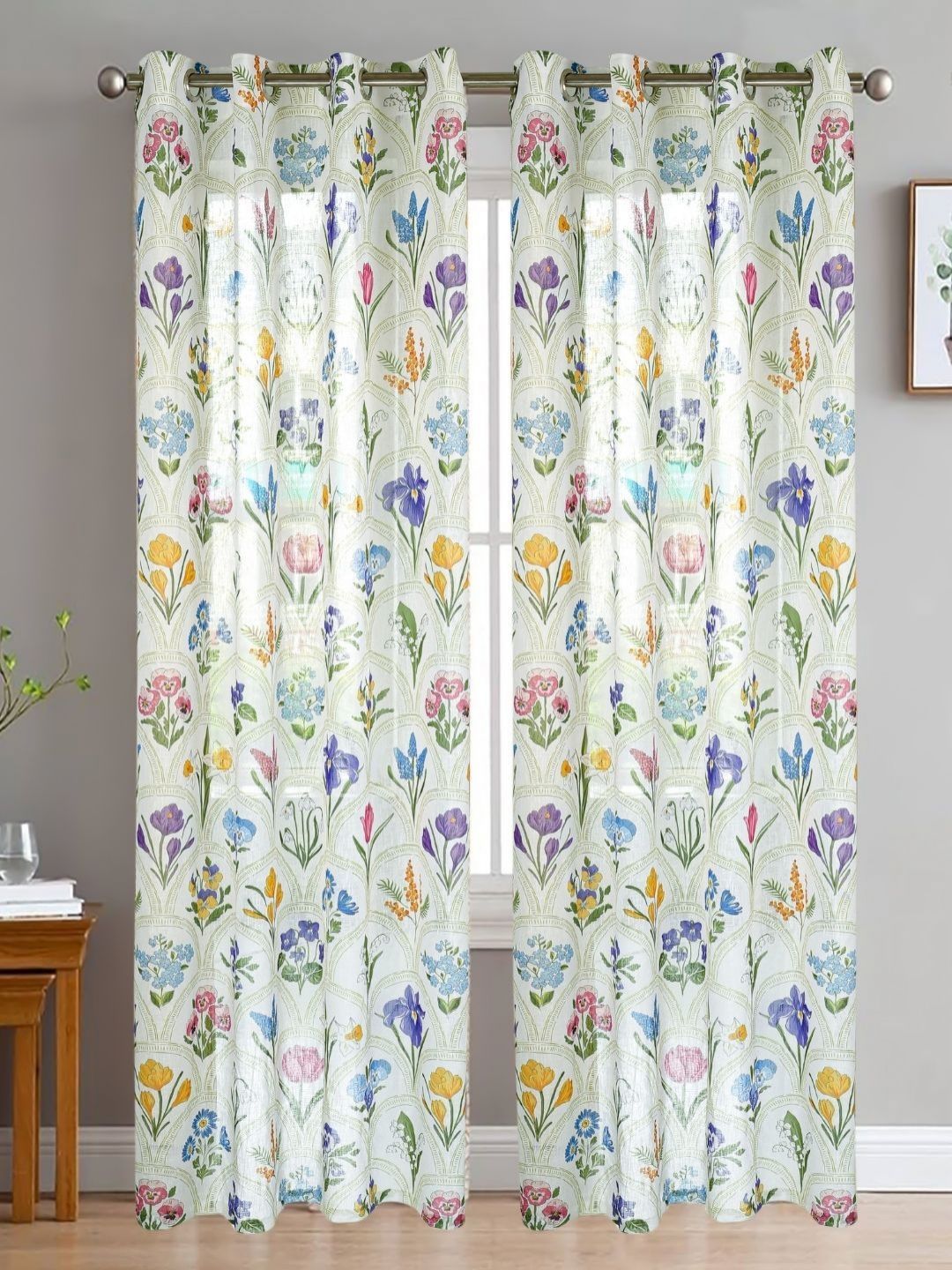 HOMADORN Multicoloured & White Set of 2 Floral Sheer Long Door Curtain-picture-22