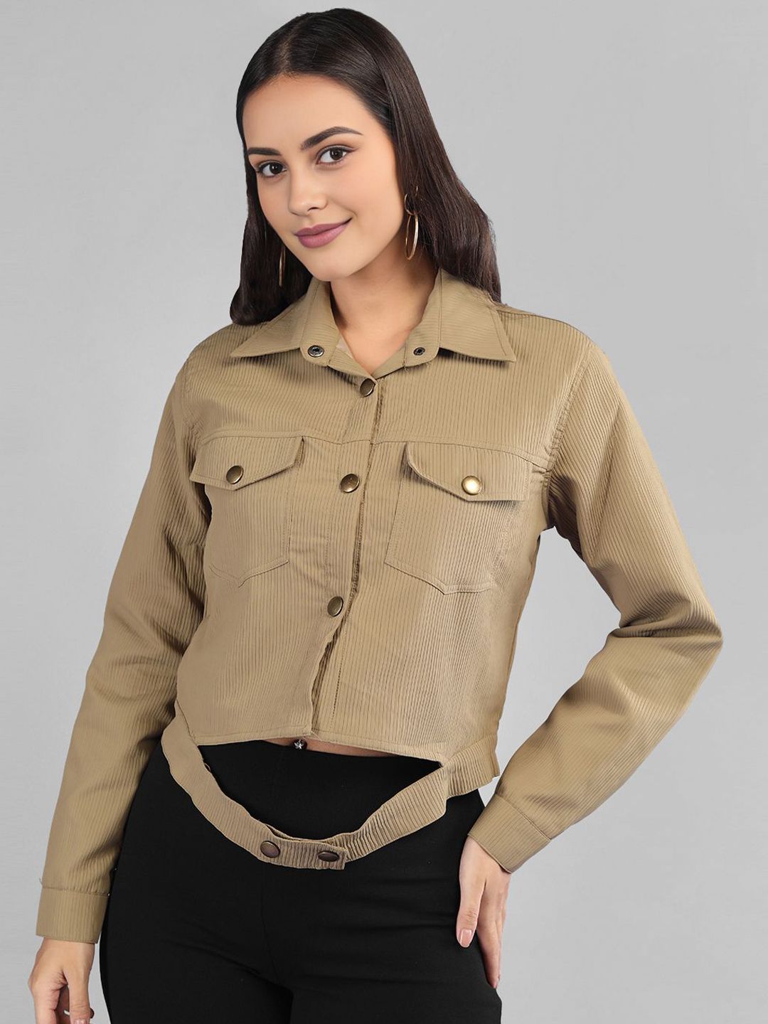 The Roadster Lifestyle Co. Khaki Spread Collar Crop Corduroy Tailored Jacket-picture-11