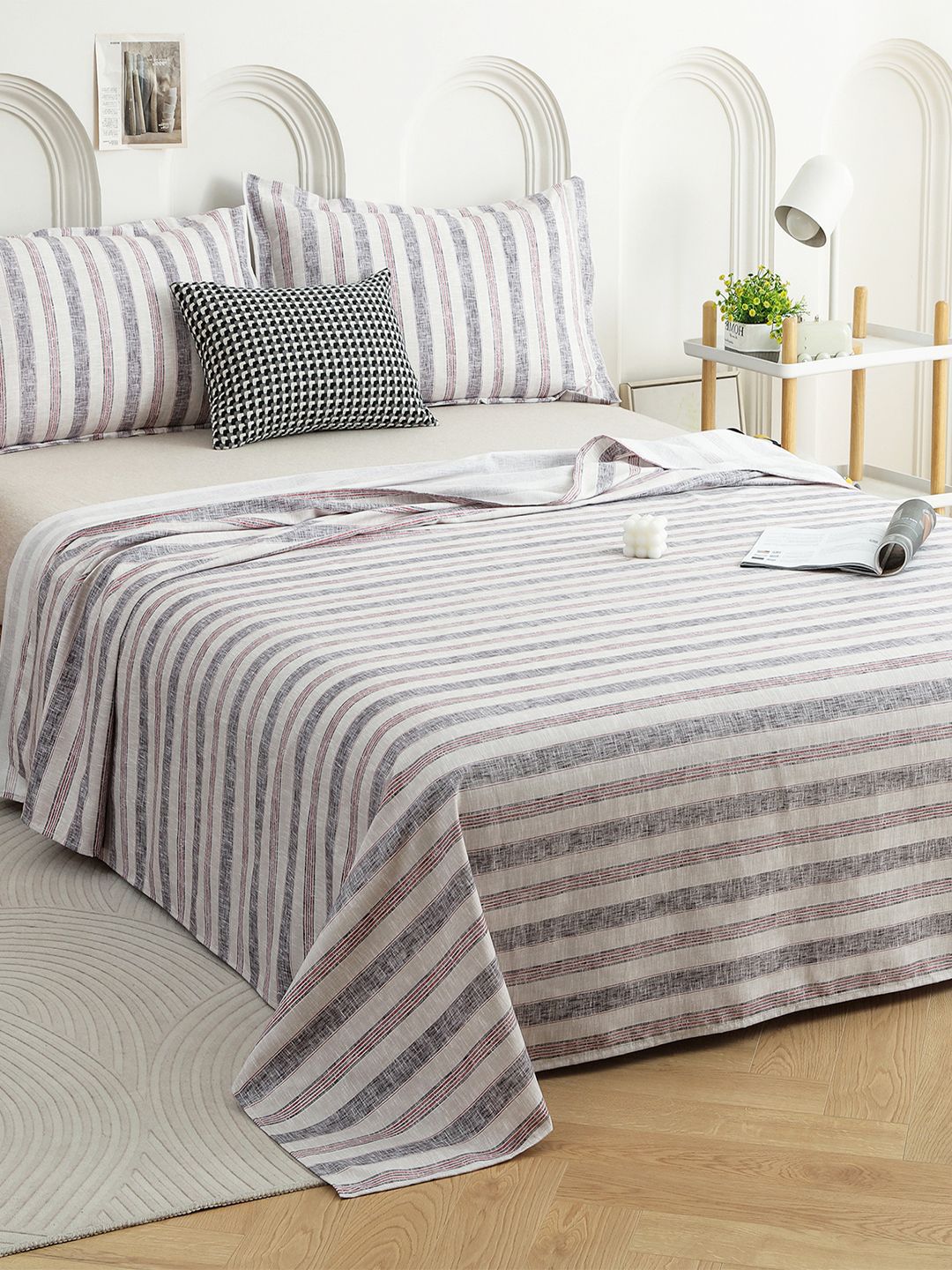 Story@home Red & White Striped 240 TC Cotton King Bedsheet With 2 Pillow Covers-image-23