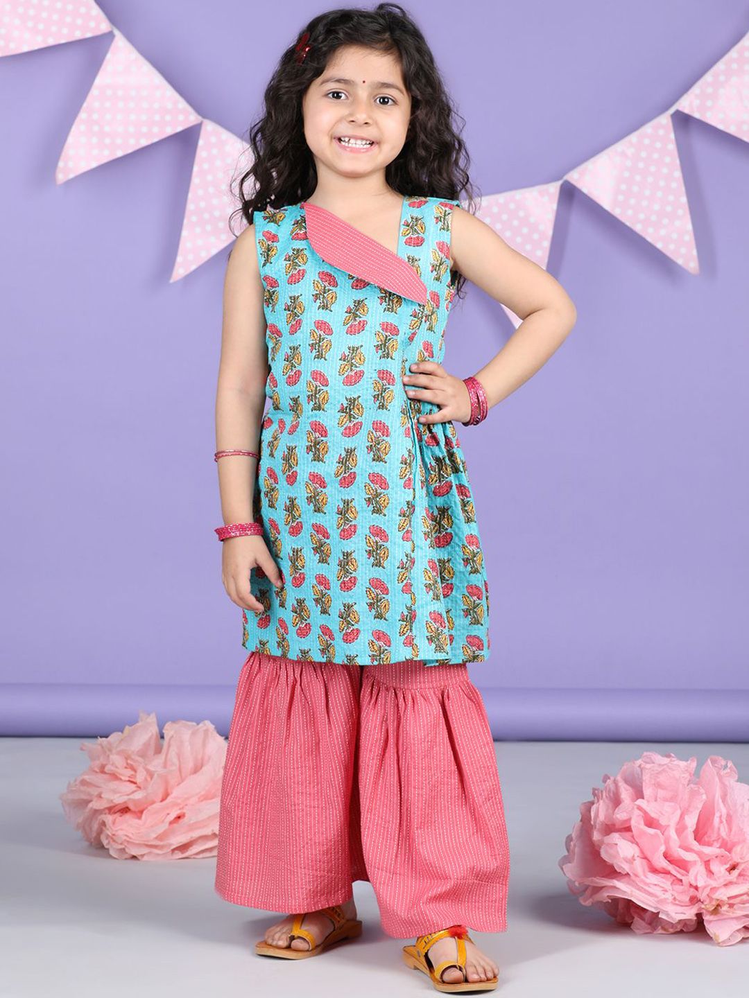 Here&Now X Kinder Kids Girls Ethnic Motifs Printed Pleated Pure Cotton Kurta with Sharara-picture-26