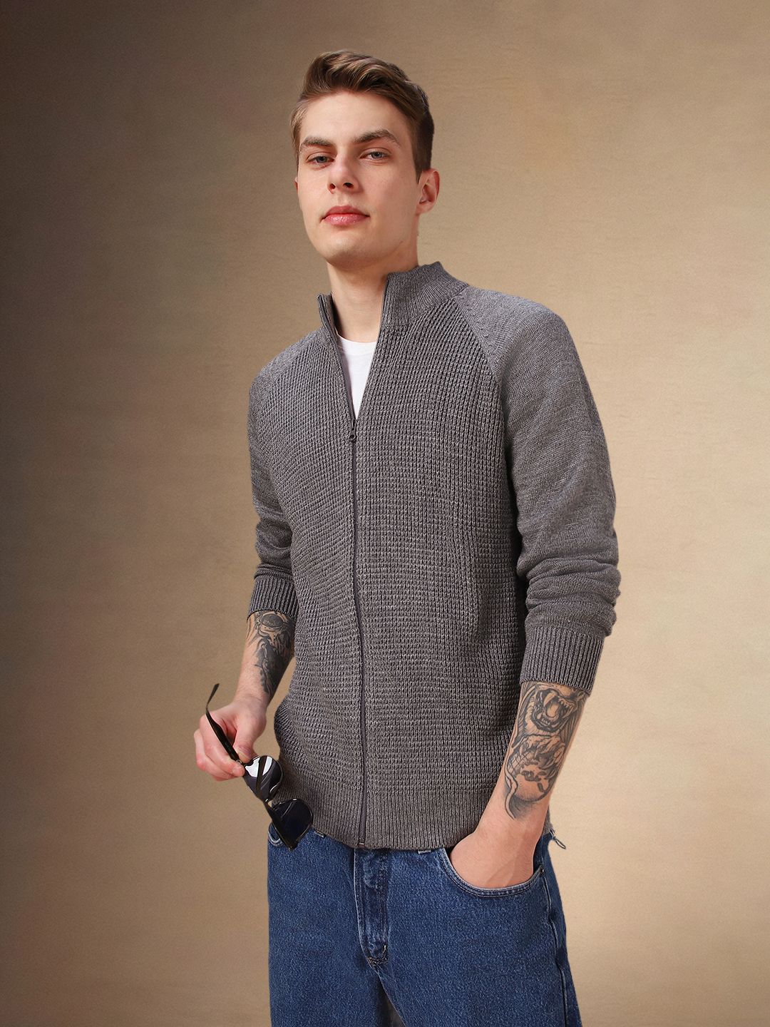 Dennis Lingo Mock Collar Acrylic Cable Knitted Ribbed Sweater-picture-52