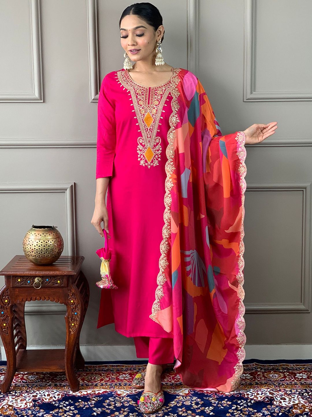 KALINI Women Floral Embroidered Regular Thread Work Kurta with Trousers & Dupatta