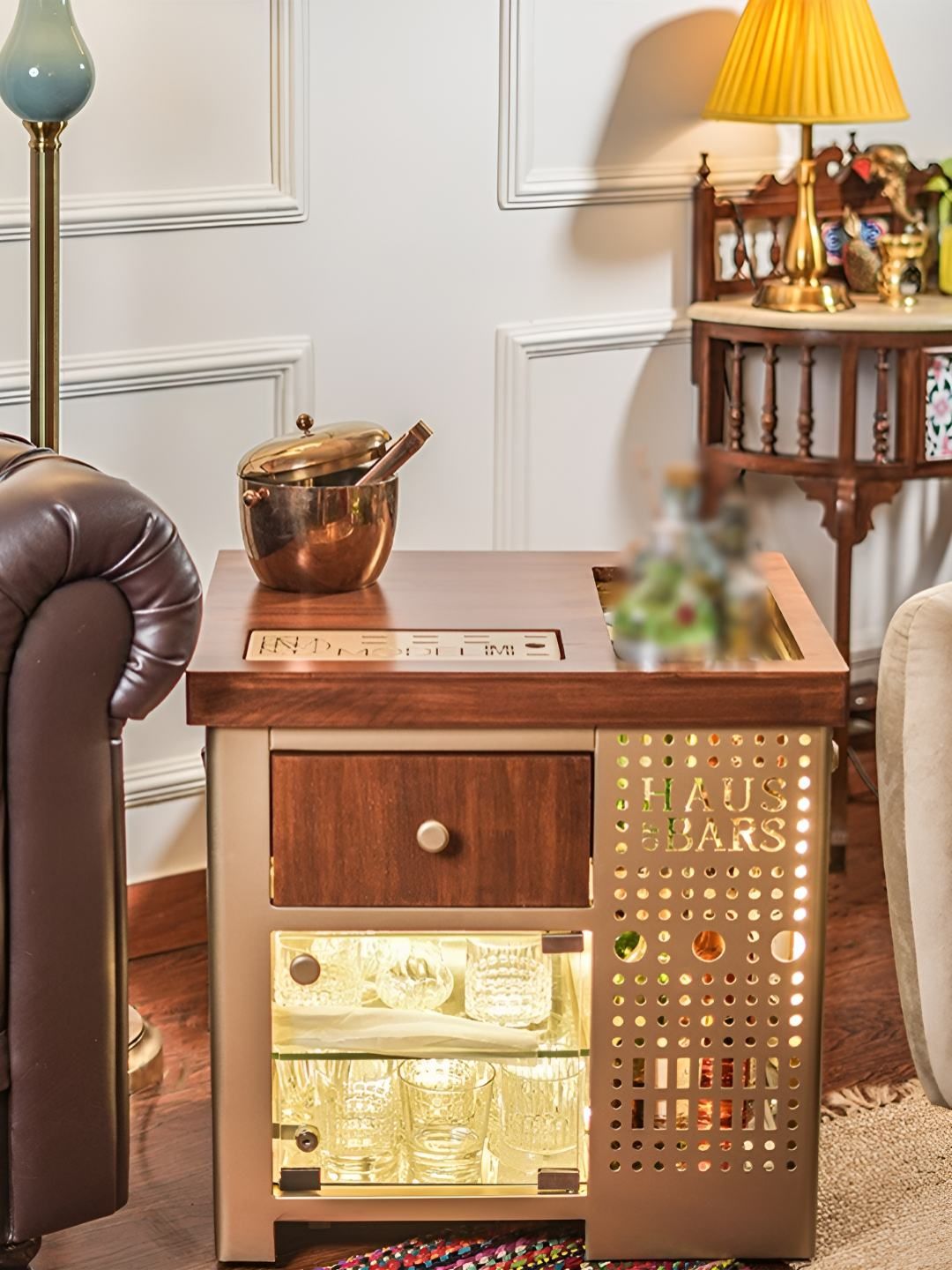 Haus of Bars Gold-Toned & Brown SpeedX - Model M Textured Bar Cabinet-image-10