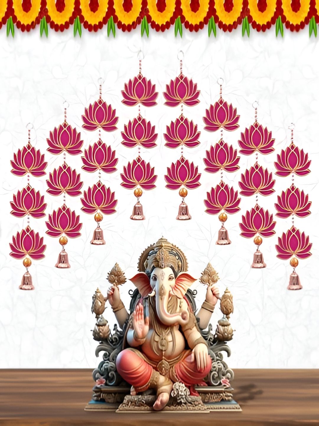 Perpetual 8-Pcs Red & Yellow Wooden Lotus Toran Hangings-picture-18