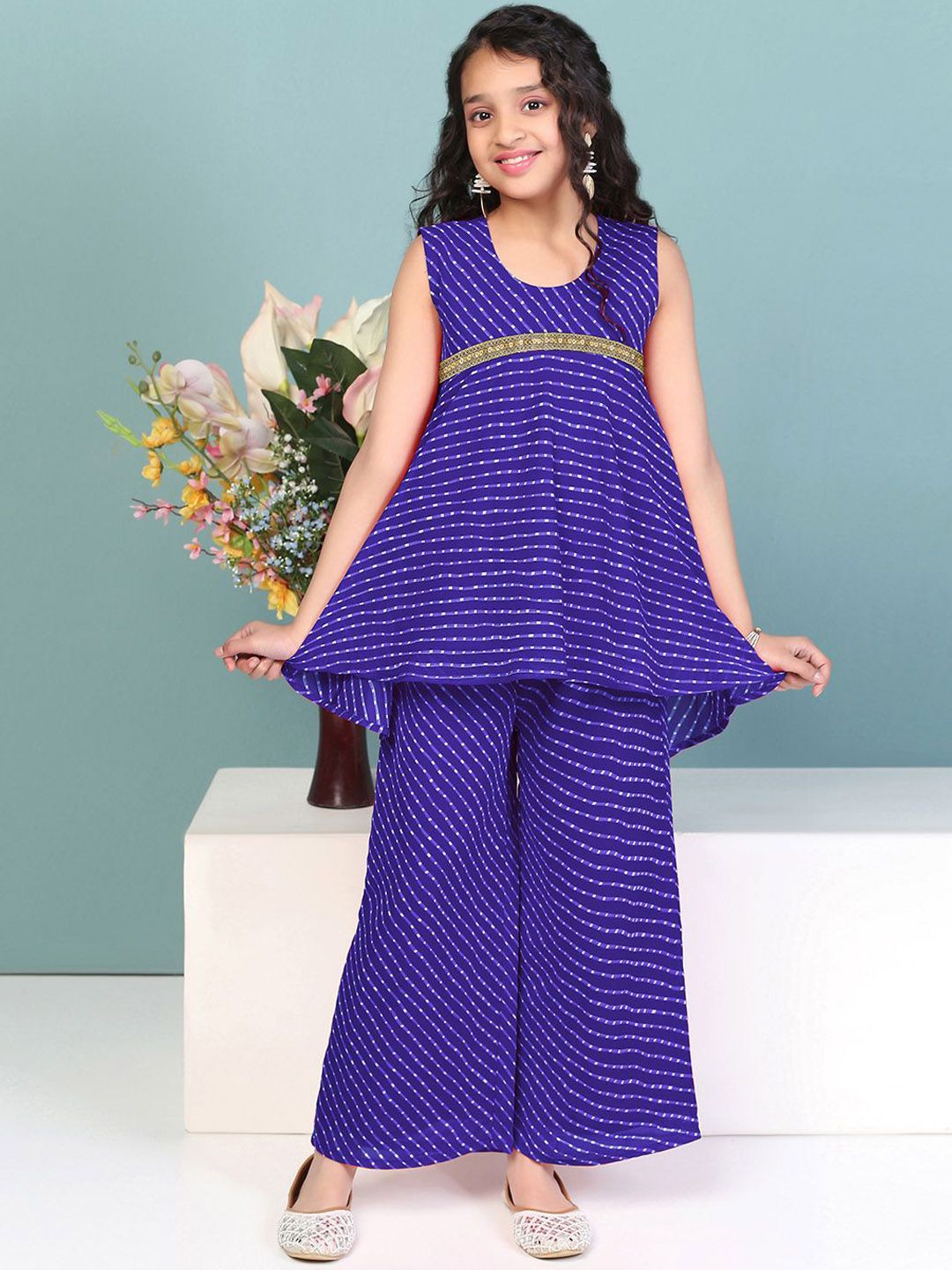 BAESD Girls Leheriya Printed Round Neck Georgette A-Line Kurta with Palazzo-picture-32