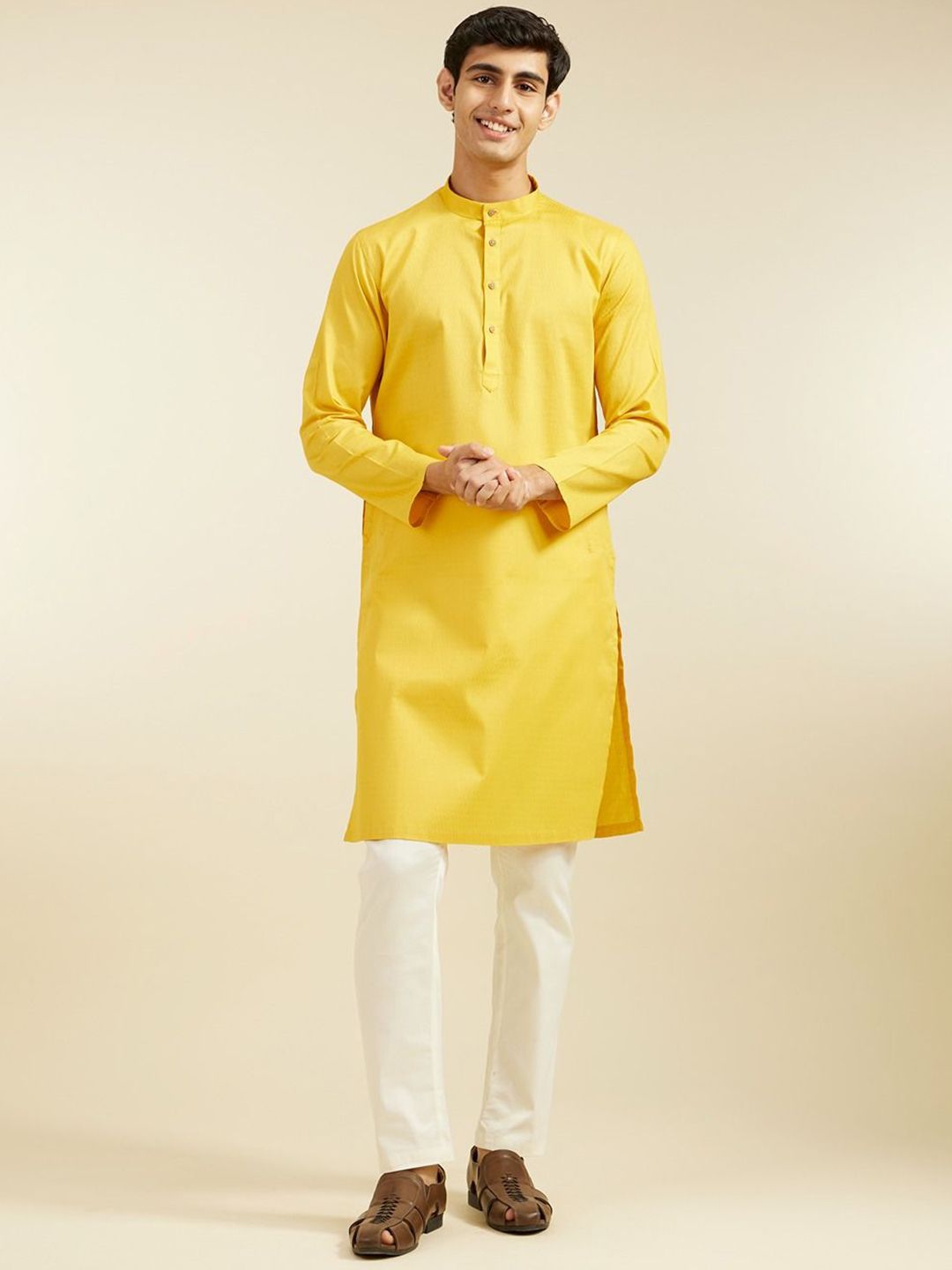 Diwas by Manyavar Geometric Woven Design Mandarin Collar Cotton Straight Kurta-picture-21