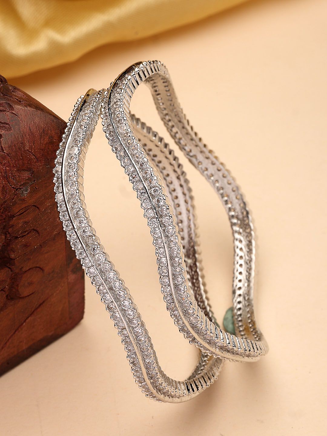 NVR Set Of 2 Silver-Plated American Diamond Stone Studded Bangles-image-40