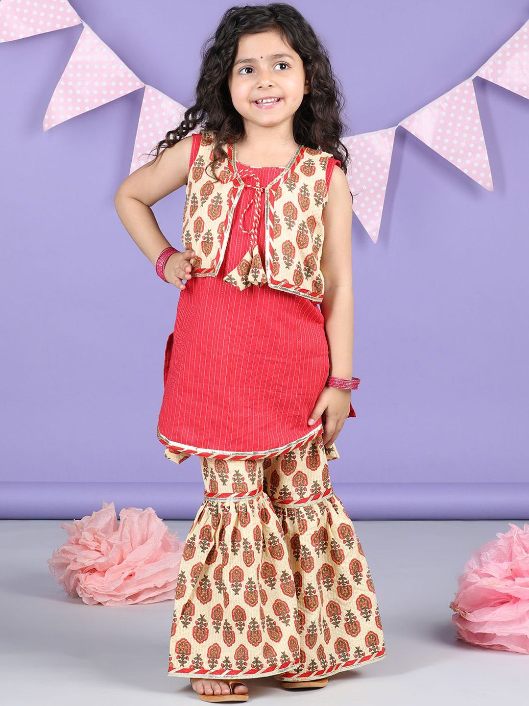 Here&Now X Kinder Kids Girls Ethnic Motifs Printed Regular Pure Cotton Kurti with Sharara-picture-27