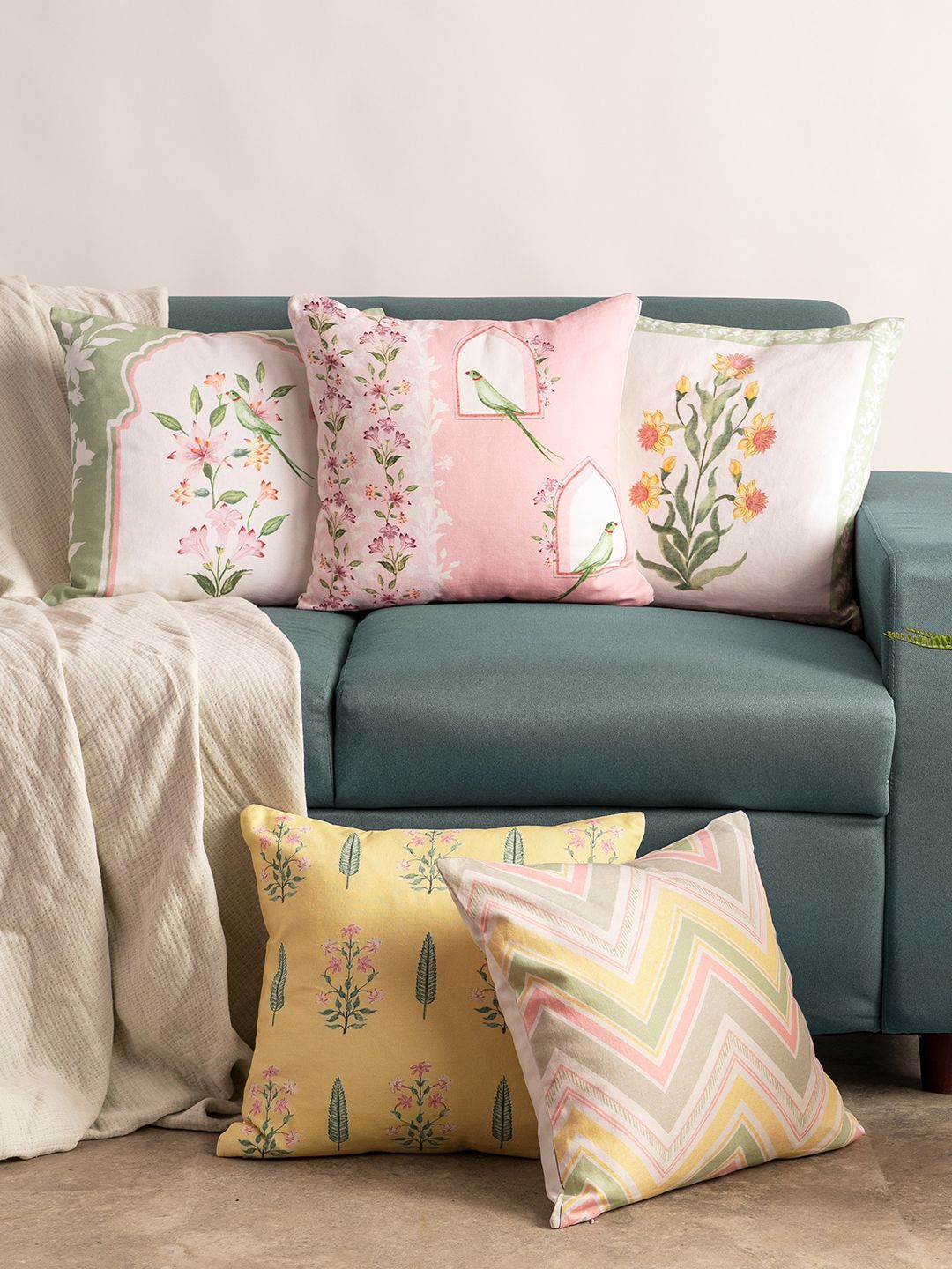 haus & kinder Pink & White 5 Pieces Floral Printed Pure Cotton Square Cushion Covers-picture-32