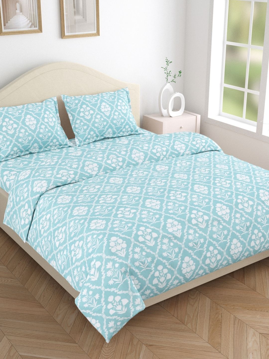 haus & kinder Heritage Hues Blue Floral Printed 186 TC Pure Cotton Queen Bedsheet Set-picture-26