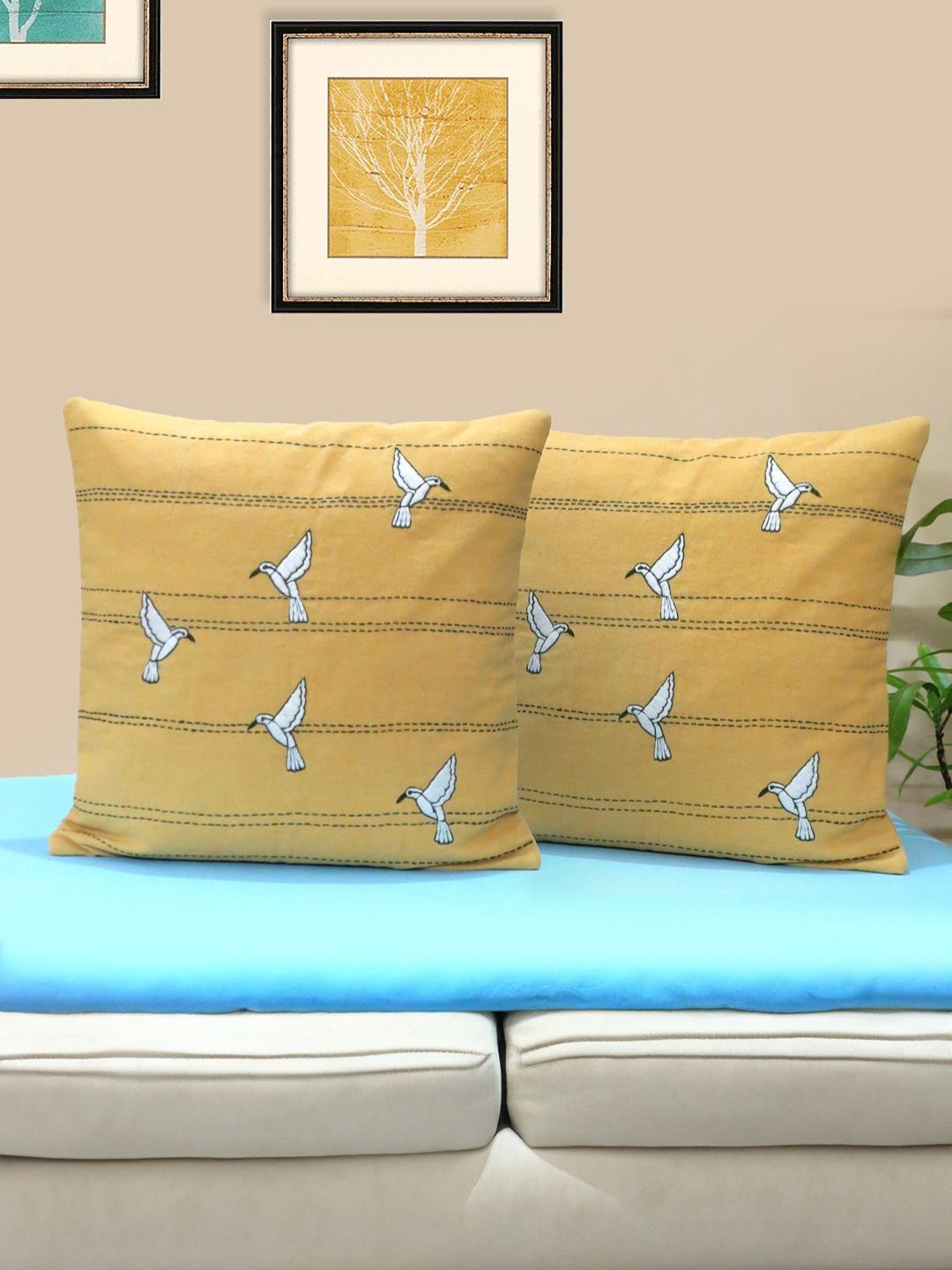 Mid July Home Yellow & Off White Set of 2 Ethnic Motifs Square Cushion Covers-image-12