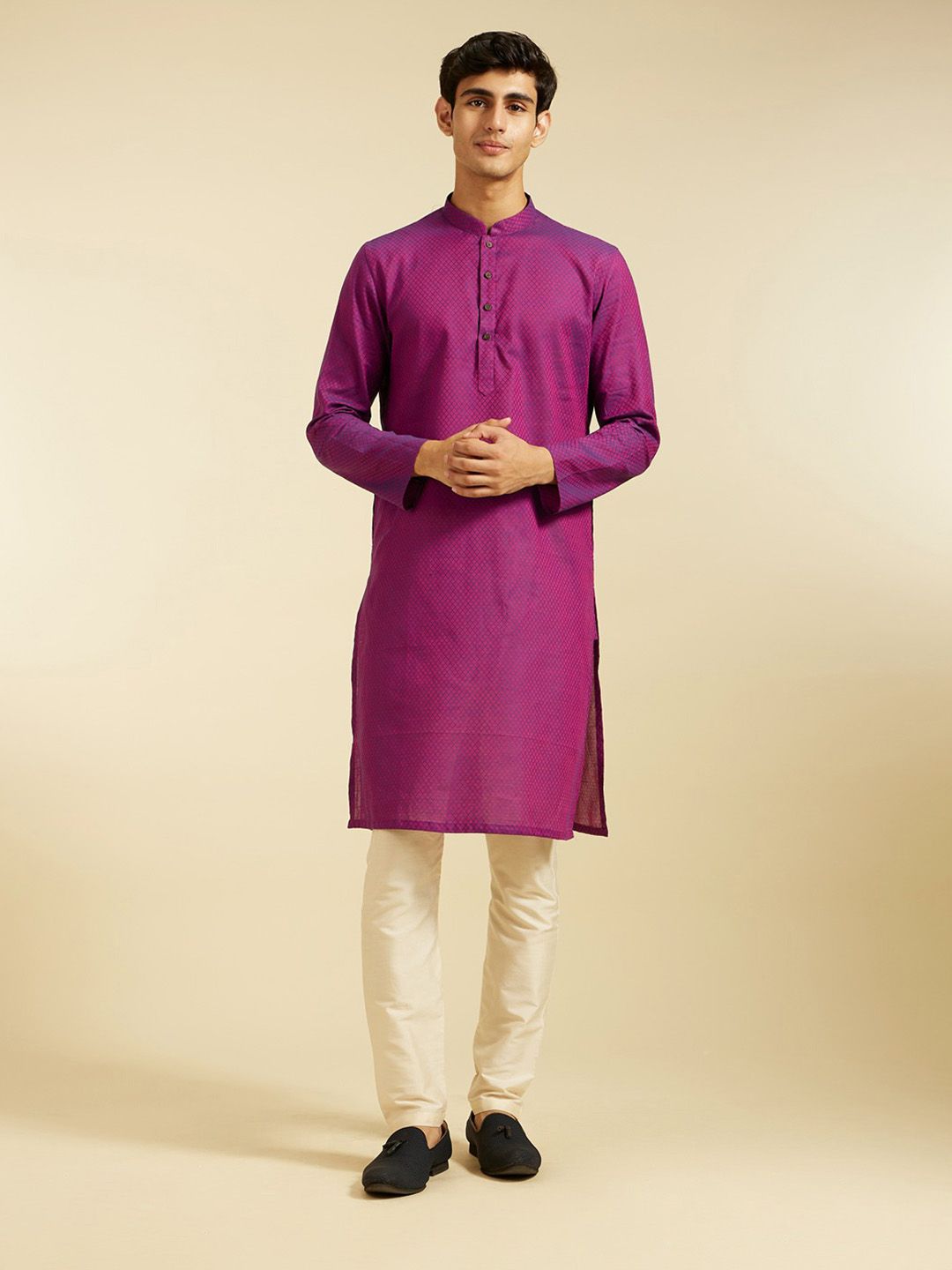 Diwas by Manyavar Geometric Woven Design Mandarin Collar Cotton Straight Kurta-picture-22