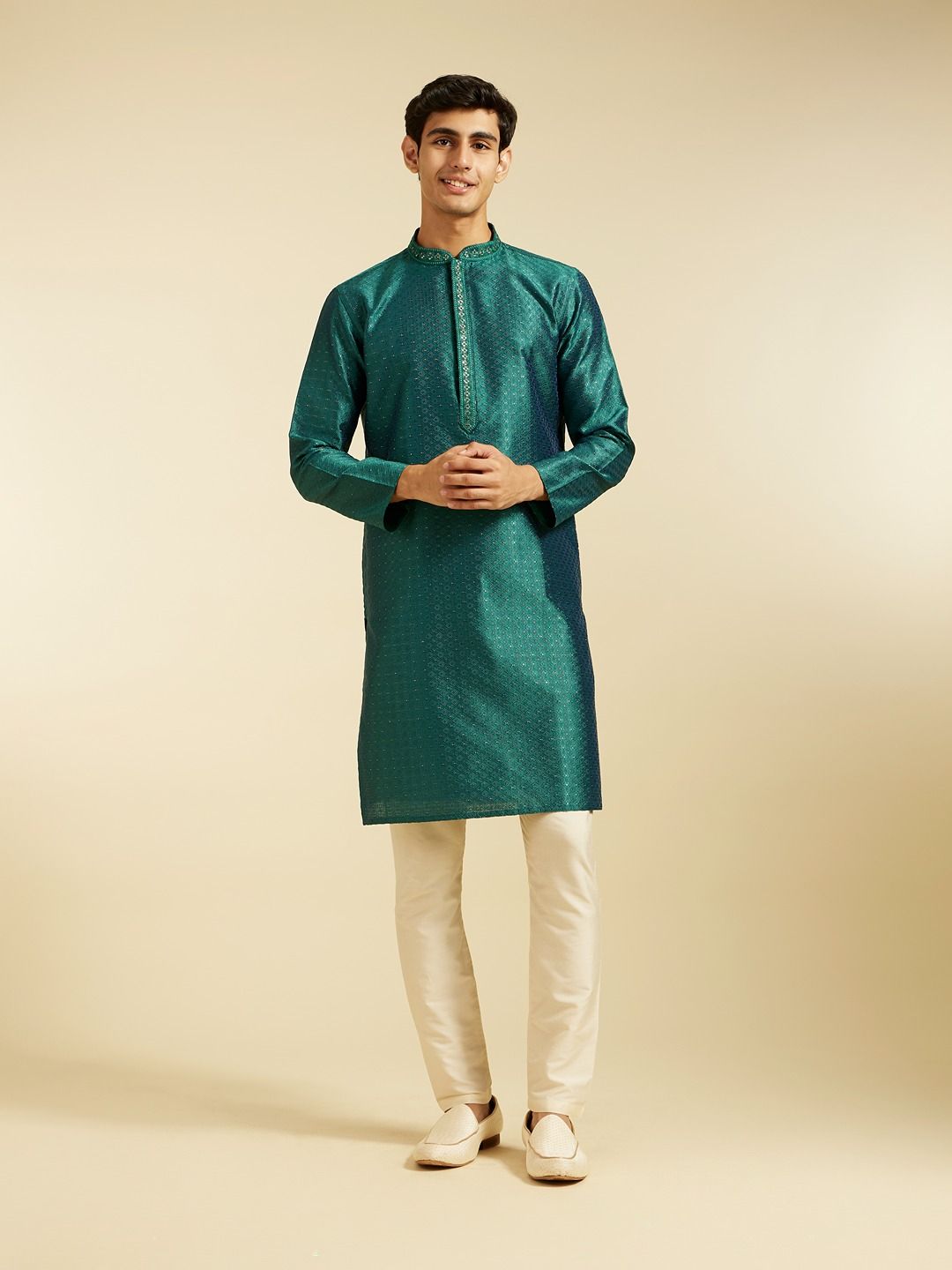 Diwas by Manyavar Floral Woven Design Thread Work Art Silk Straight Kurta-picture-18