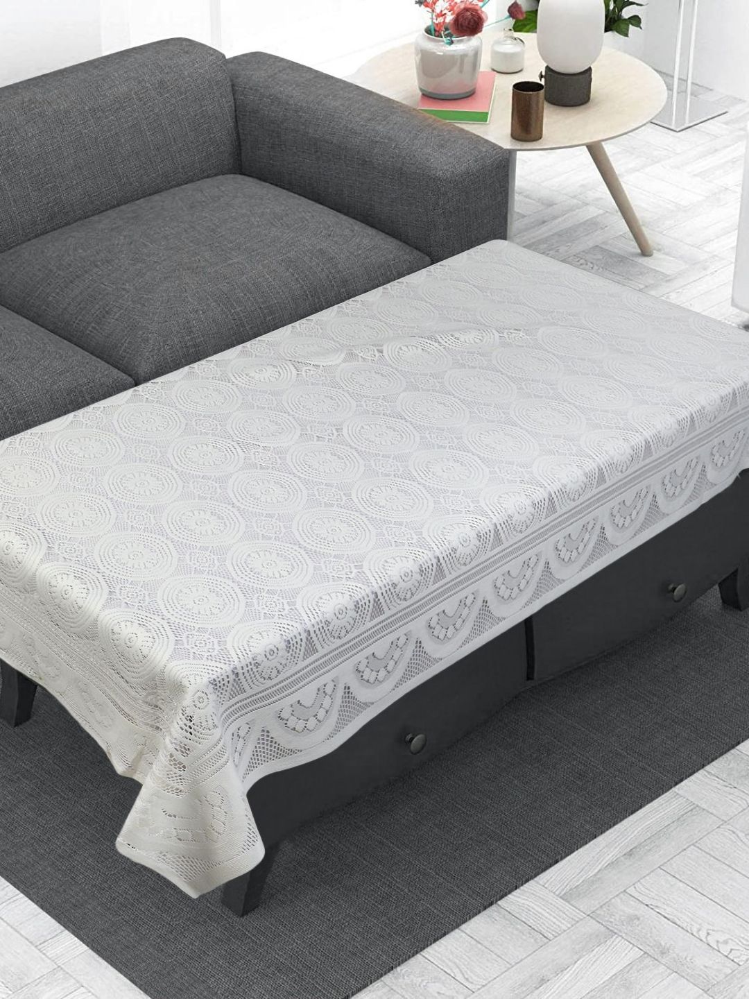 LooMantha White Floral Anti-Skid Cotton 4-Seater Table Cover-image-43