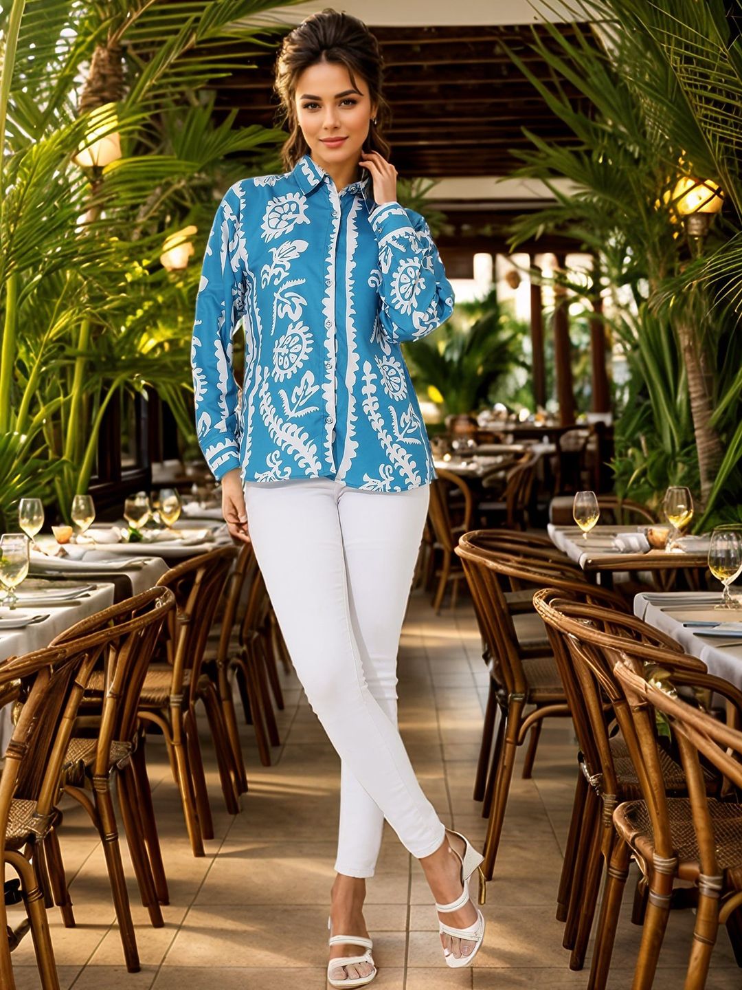 Front opened collar shirt with all over floral embriodery
