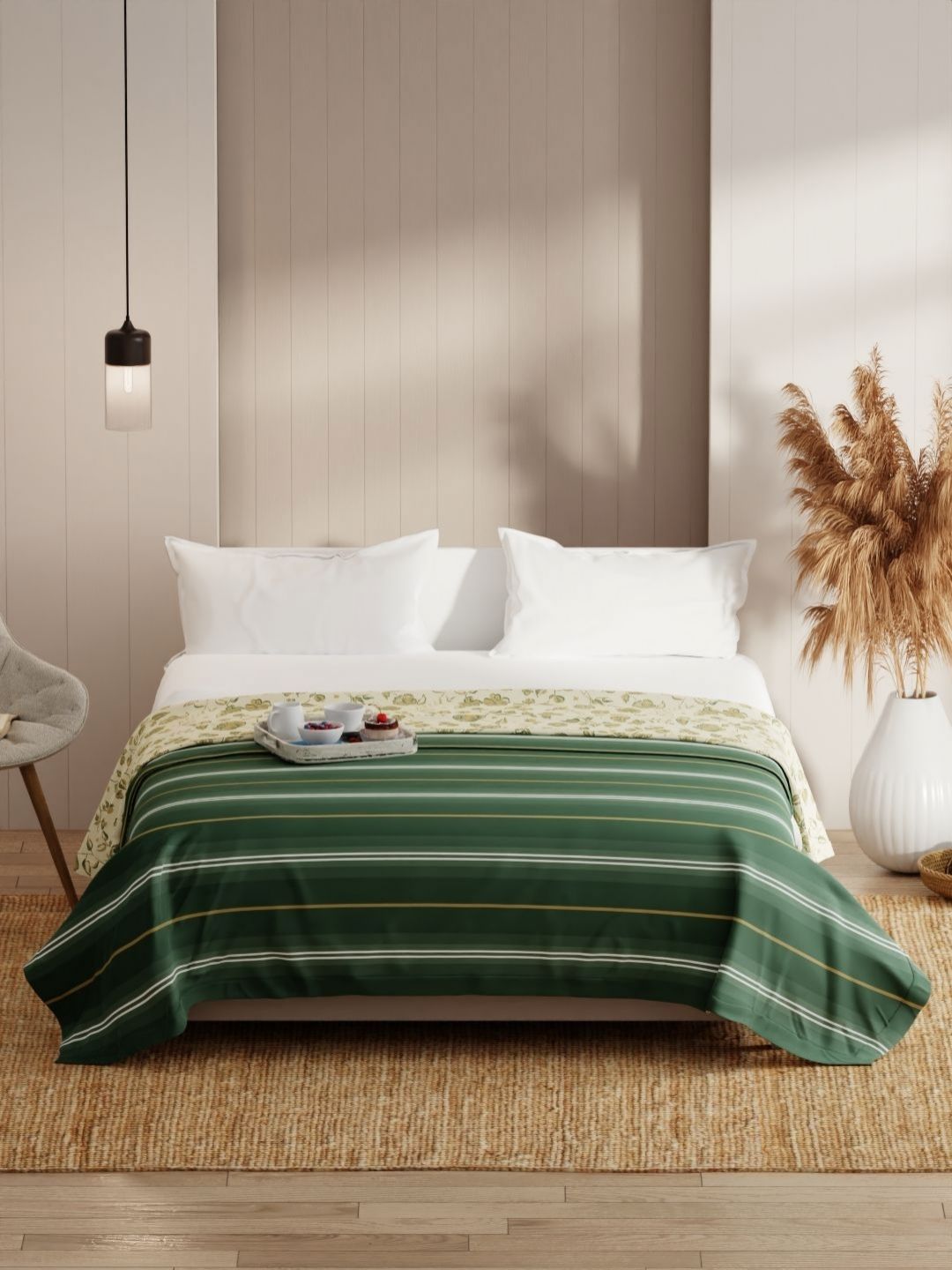 KOPA Green & Beige Striped Microfiber AC Room 150 GSM Double Bed Dohar-picture-34