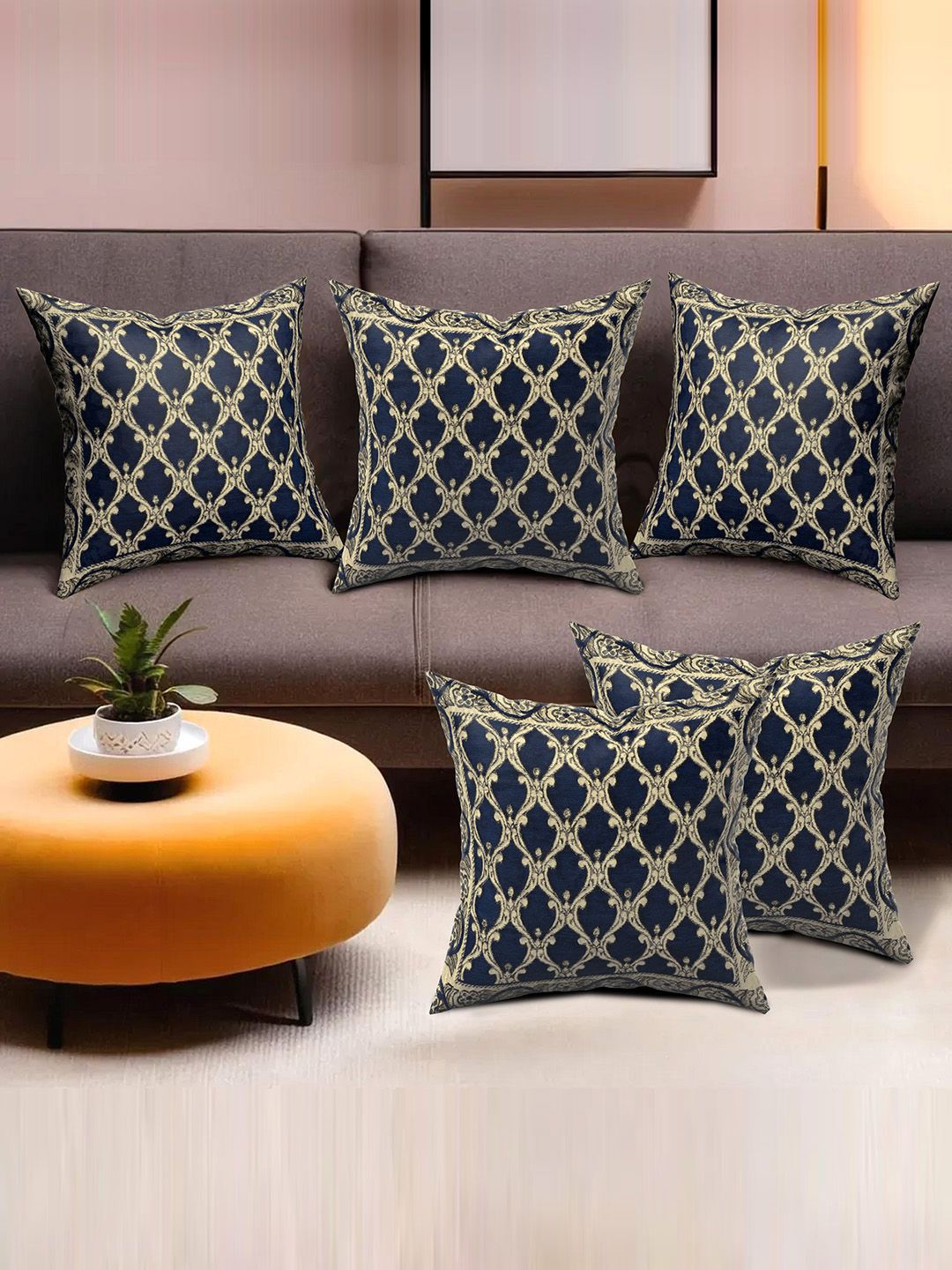 Kuber Industries Navy Blue 5 Pieces Self Design Square Cushion Covers-picture-23