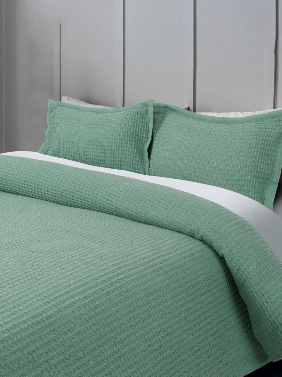 ROSARA HOME Green Pure Cotton Queen Bed Cover With 2 Pillow Covers-image-3